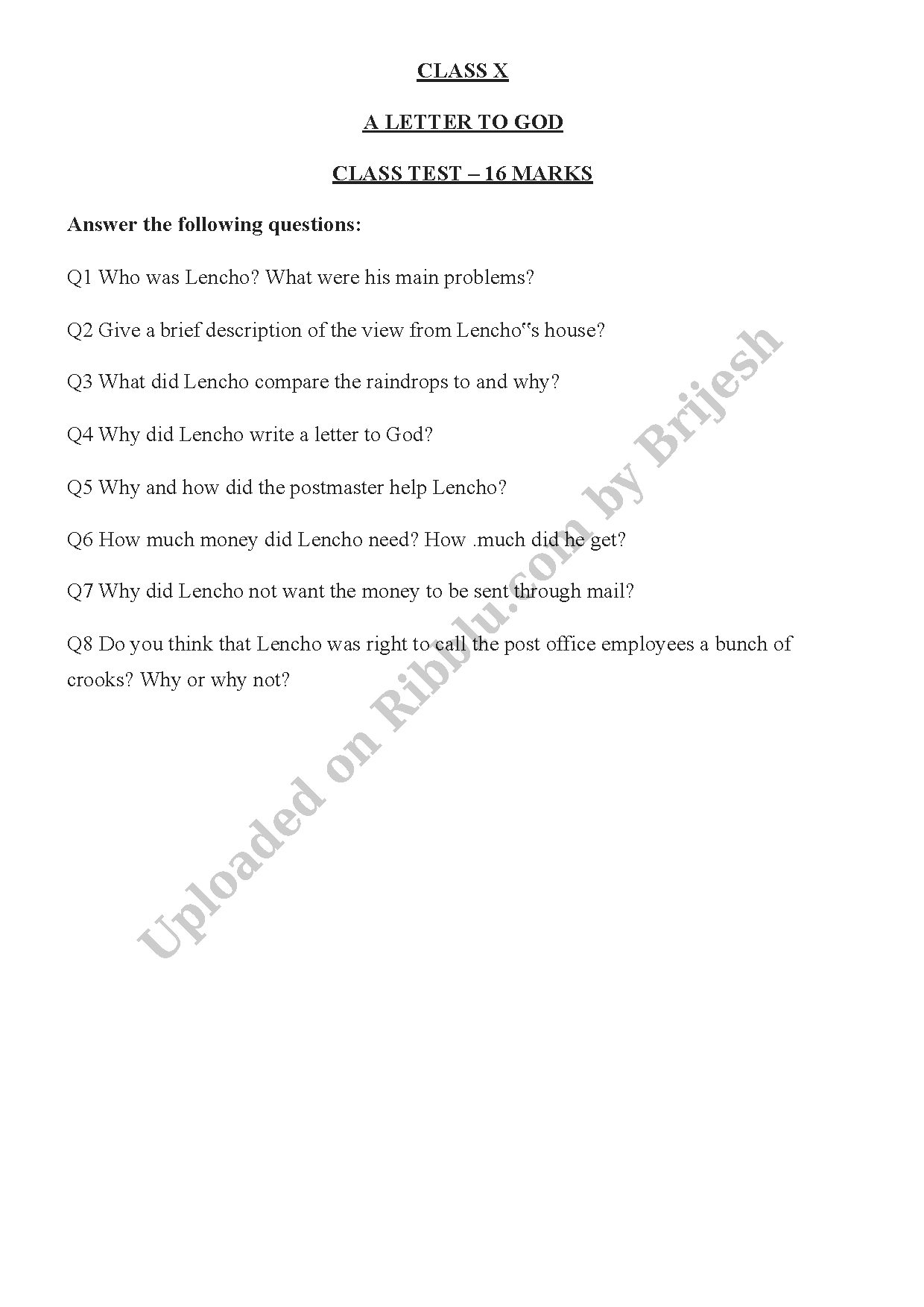 Preview cover for A Letter to God Test Paper Class 10 English