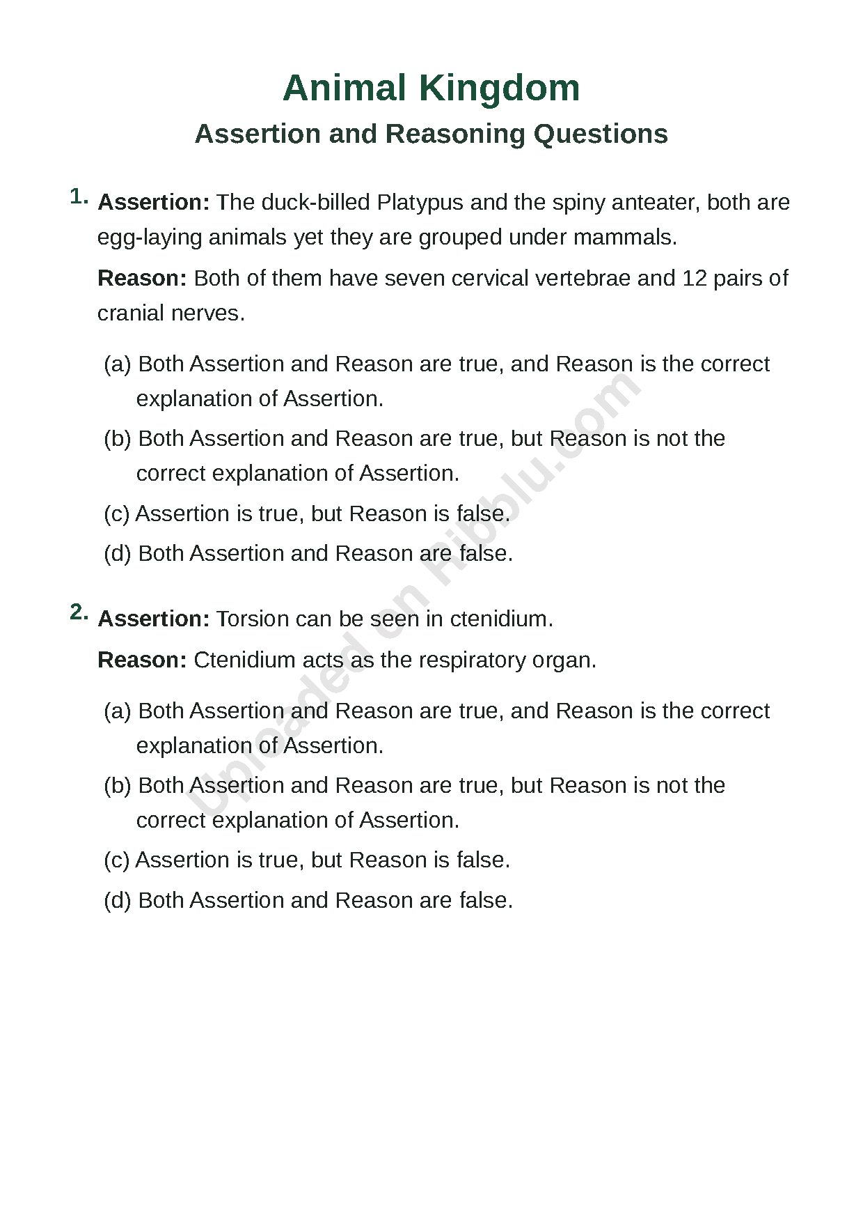 Preview cover for Animal Kingdom Assertion Reason MCQs with Answers NEET