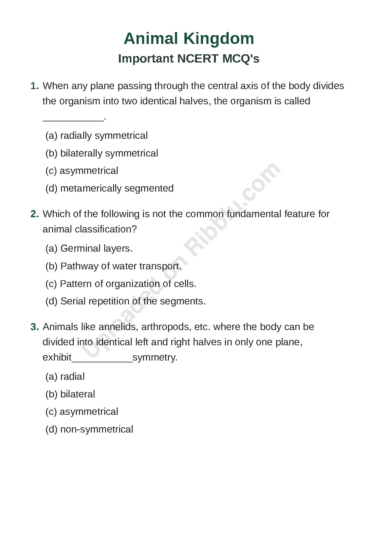 Preview cover for Animal Kingdom NCERT Based MCQs with Answers NEET