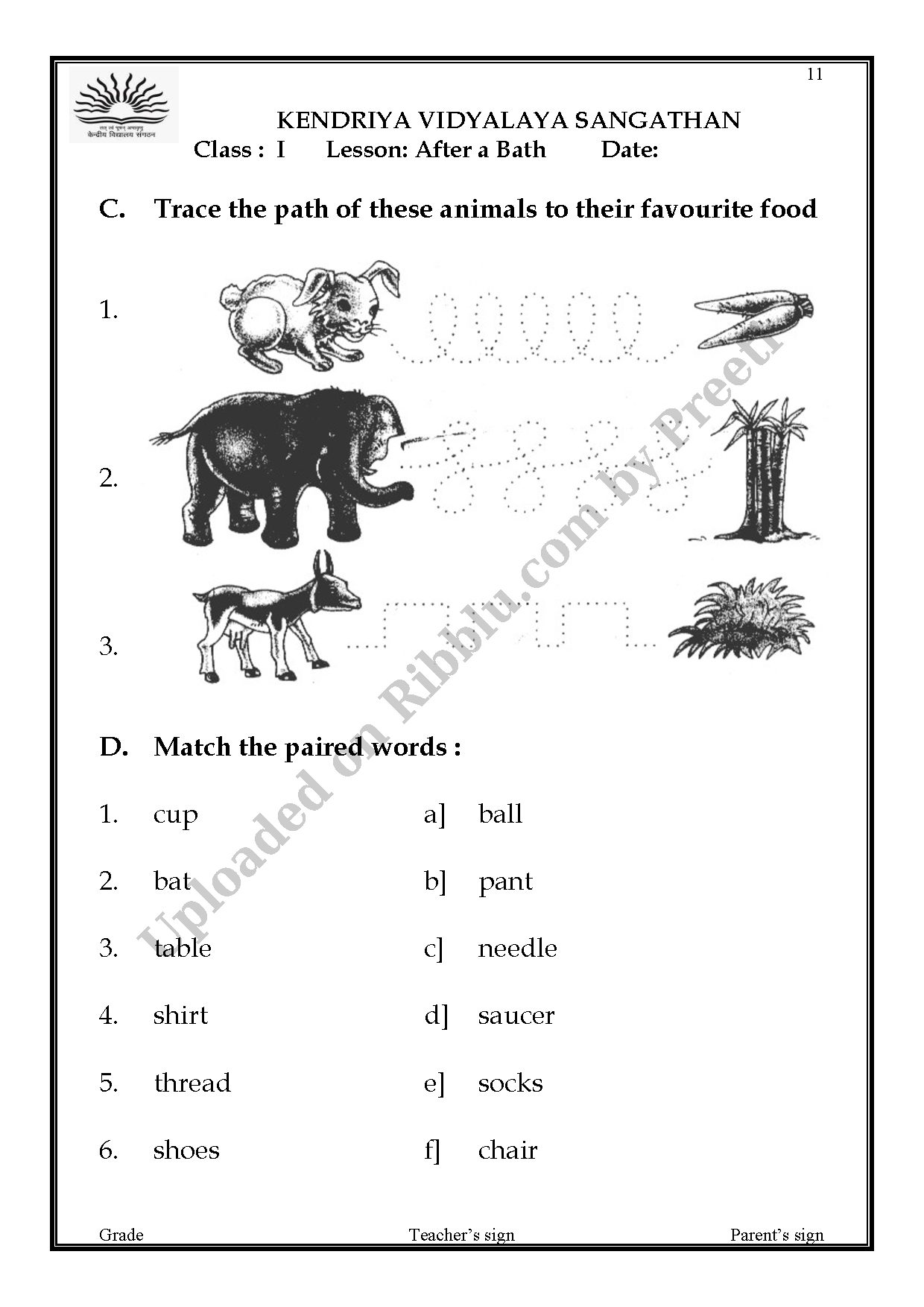 Preview cover for CBSE Class 1 English After A Bath Worksheet - 2