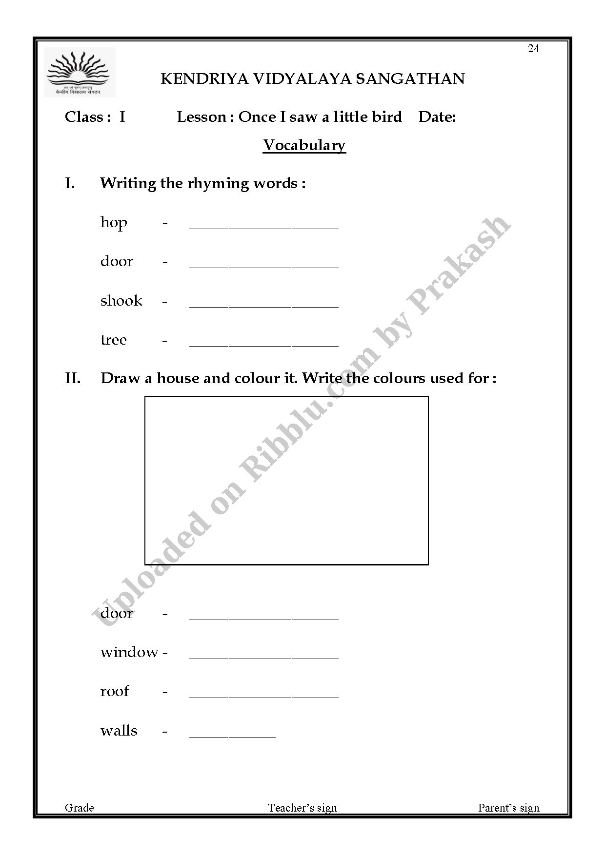 Preview cover for CBSE Class 1 English Once I Saw A Little Bird Worksheet - 1