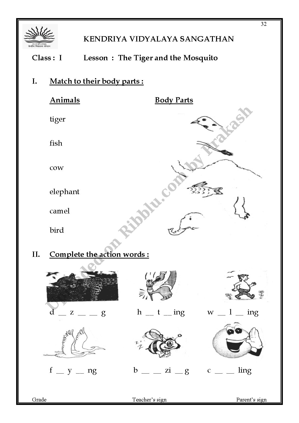 Preview cover for CBSE Class 1 English The Tiger and the Mosquito Worksheet - 1