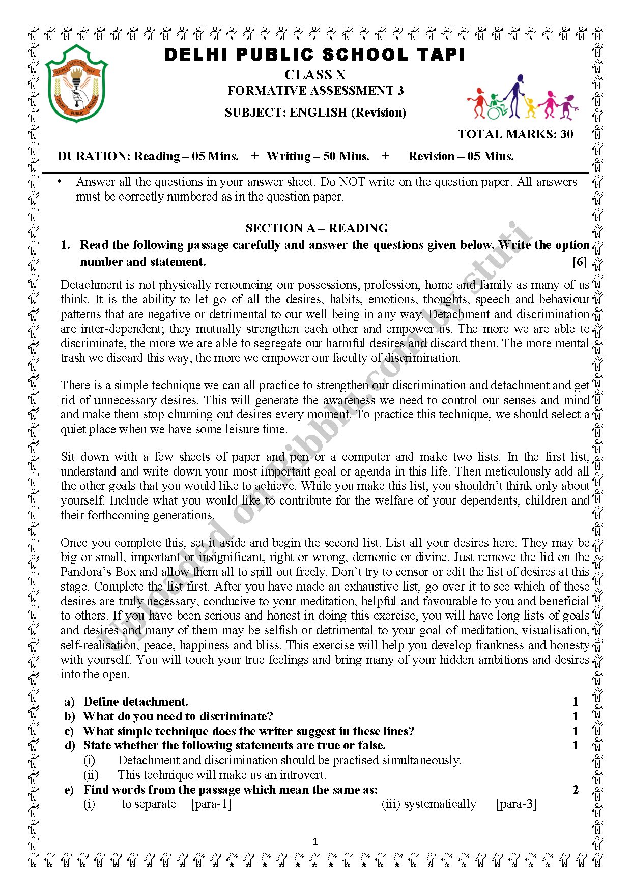Preview cover for CBSE Class 10 English Question Paper (Revision ) - DPS