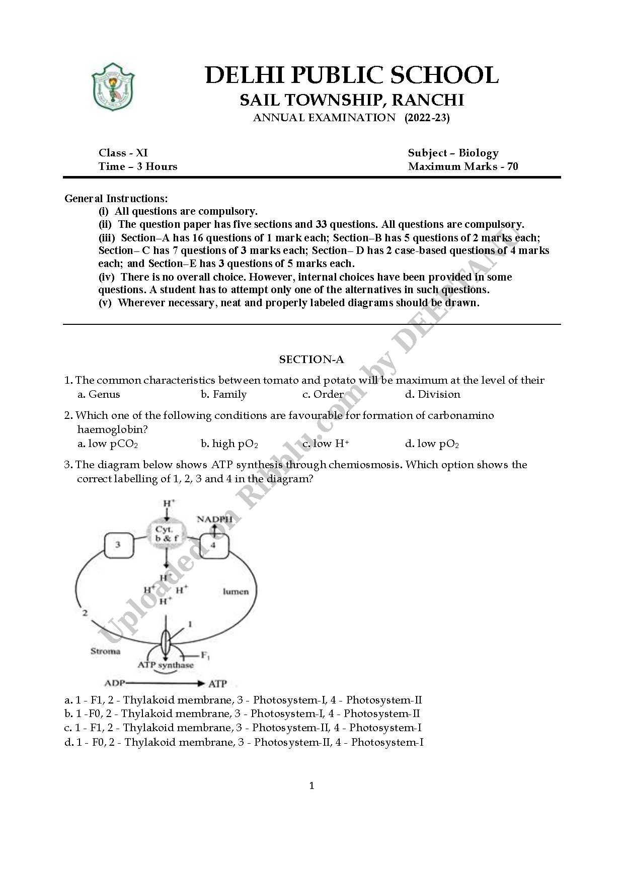 Preview cover for CBSE Class 11 Biology Question Paper Annual Exam 2023 - DPS Ranchi
