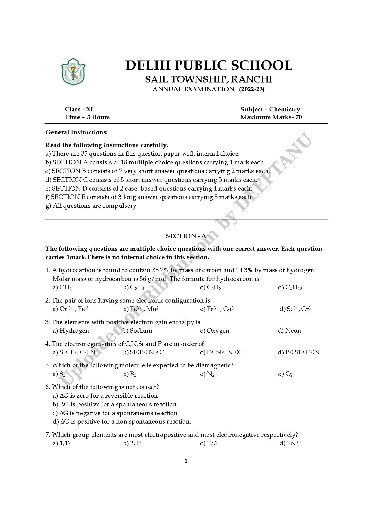 Preview cover for CBSE Class 11 Chemistry Question Paper Annual Exam 2023 - DPS Ranchi