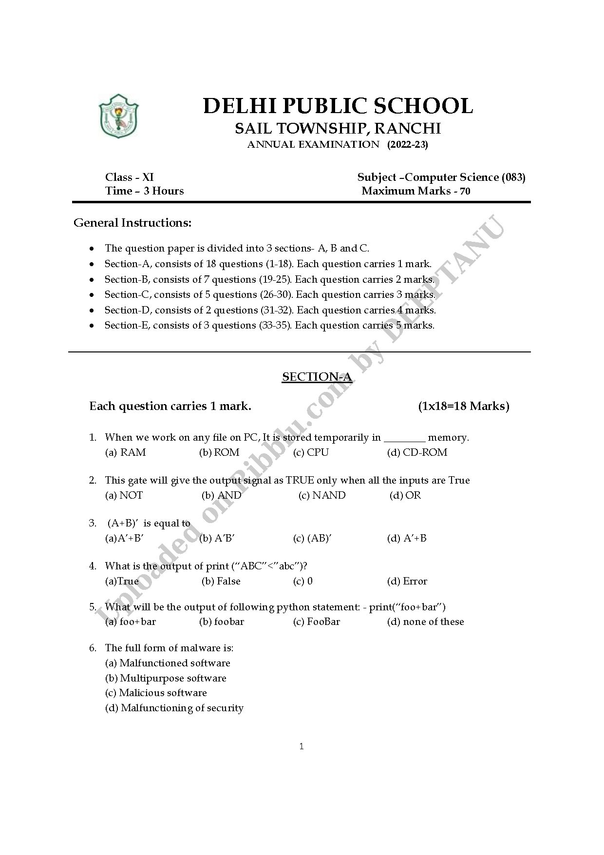 Preview cover for CBSE Class 11 Computer Science Question Paper Annual Exam 2023 - DPS Ranchi