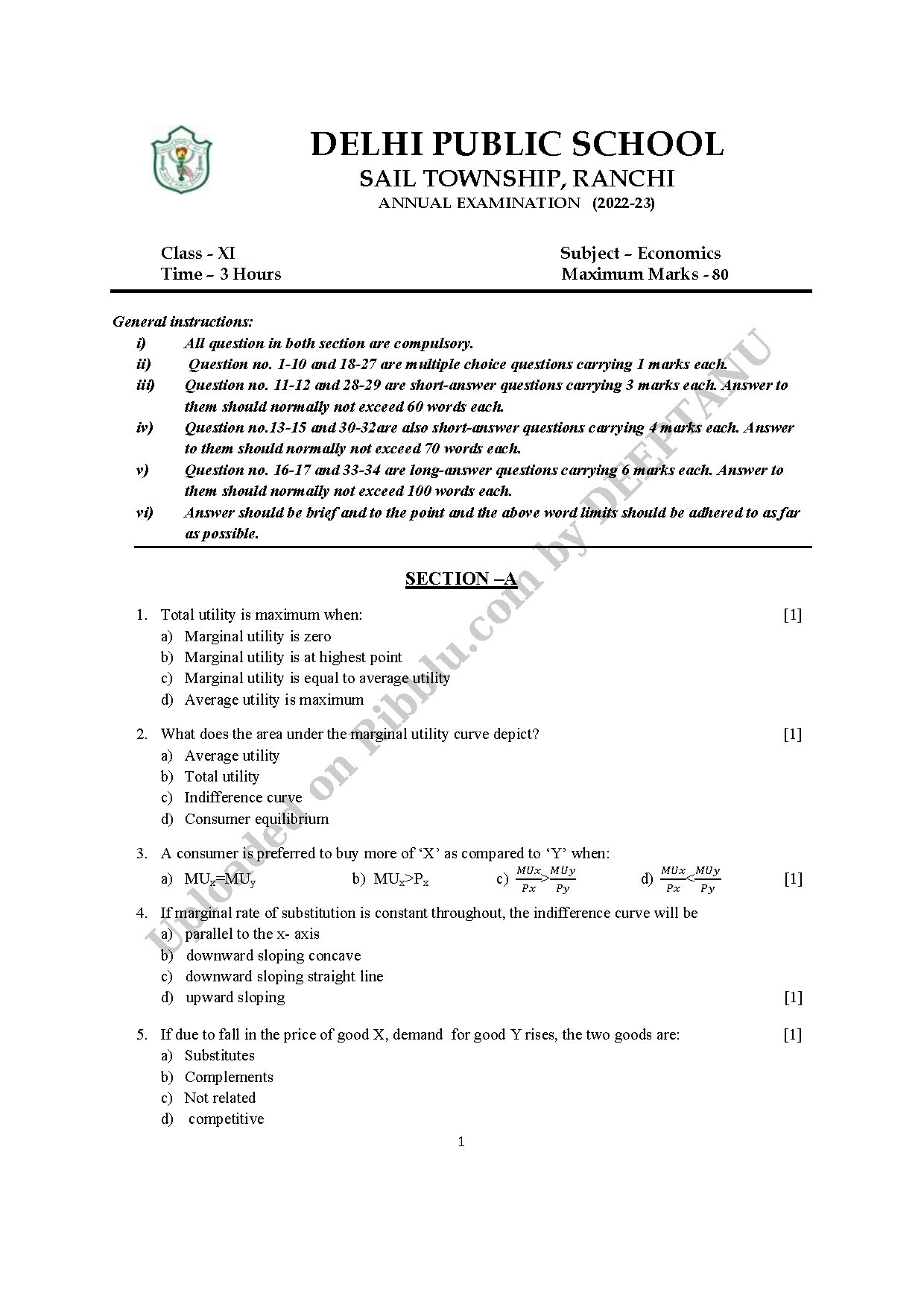 Preview cover for CBSE Class 11 Economics Question Paper Annual Exam 2023 - DPS Ranchi