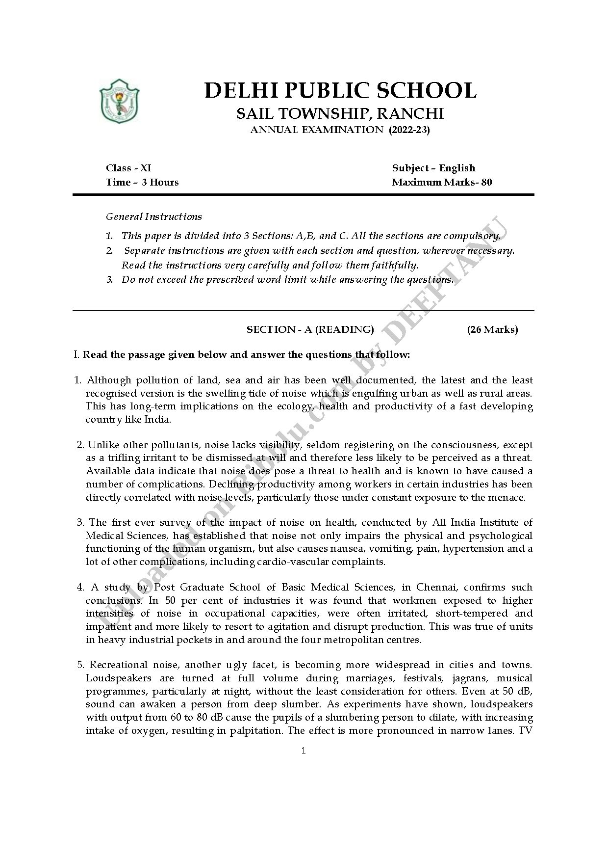 Preview cover for CBSE Class 11 English Question Paper Annual Exam 2023 - DPS Ranchi