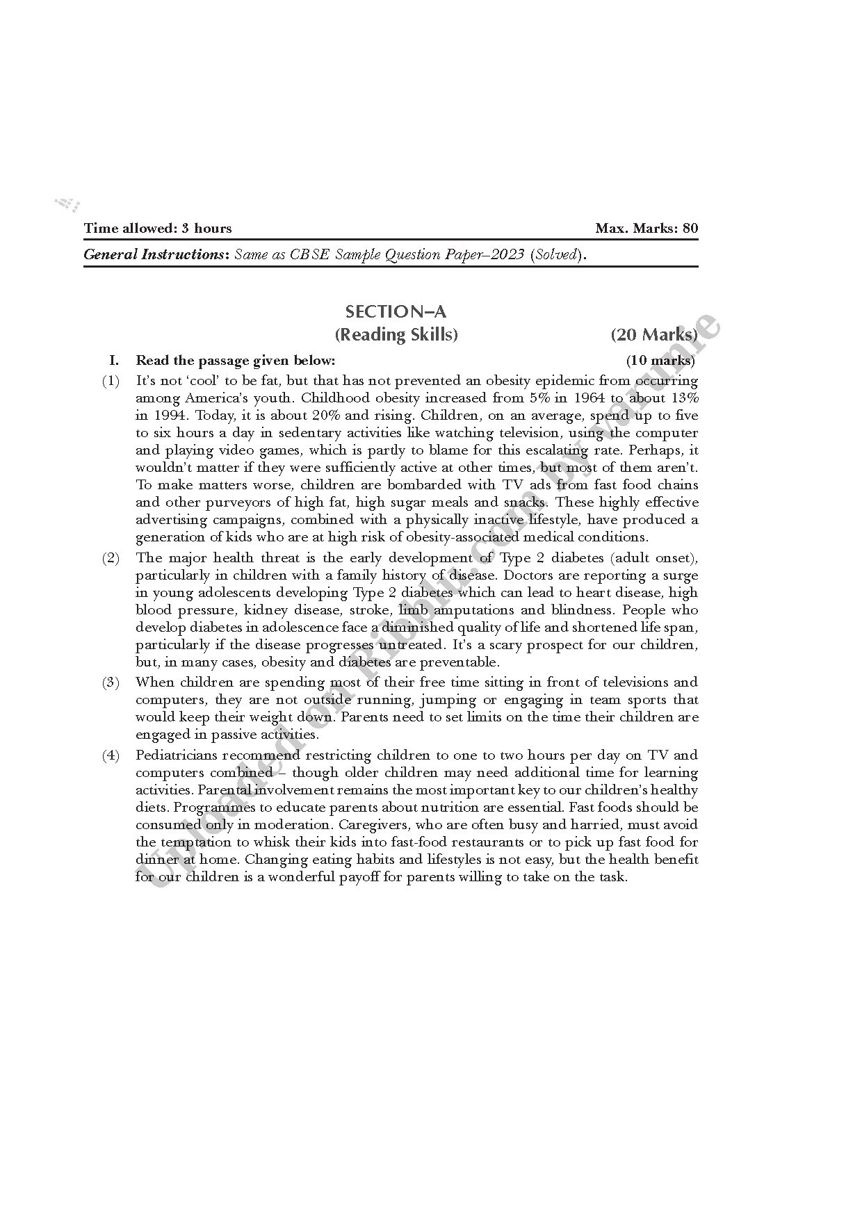 Preview cover for CBSE Class 12 English Sample Paper 1 with Answers - 2023