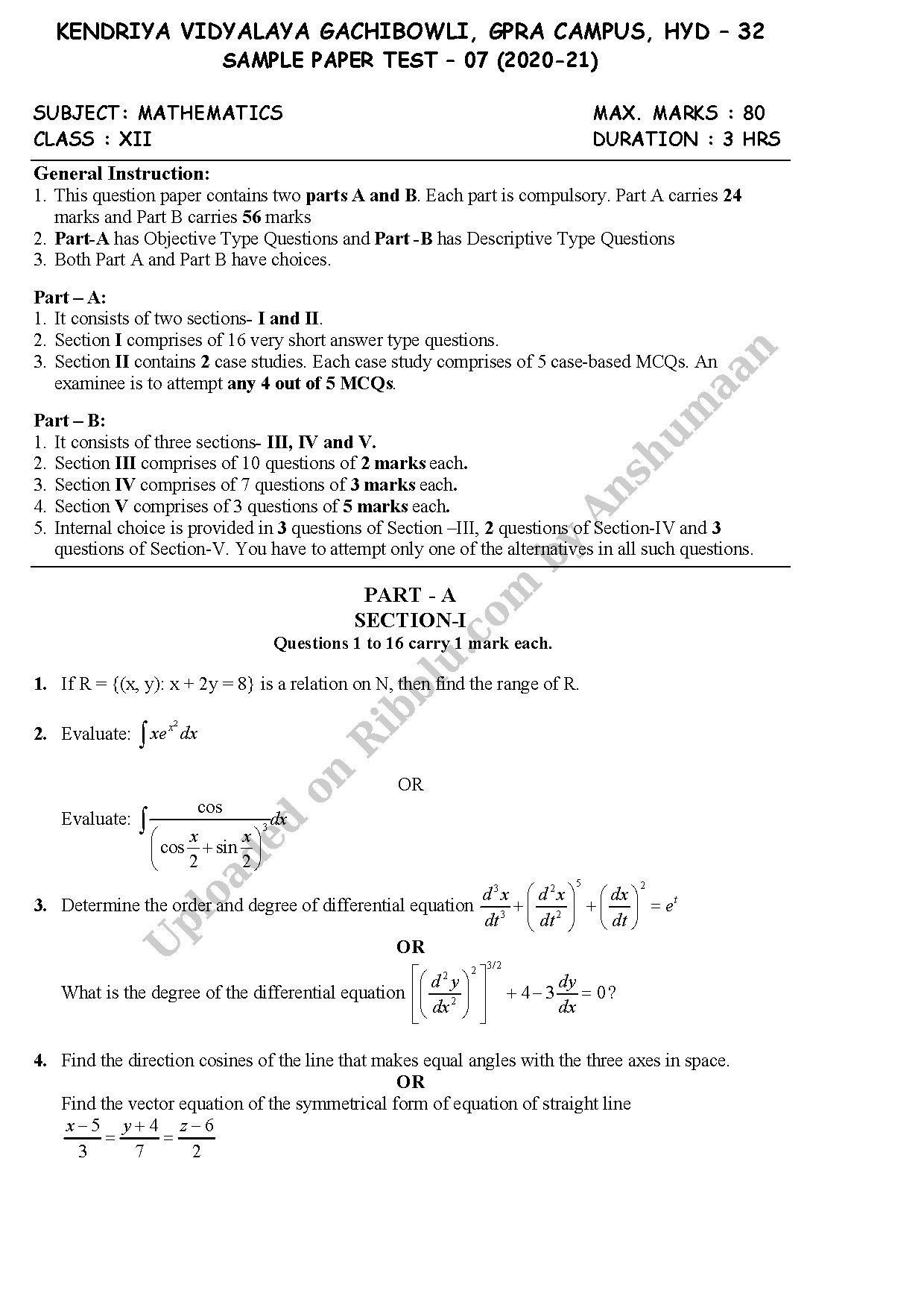 Preview cover for CBSE Class 12 Maths Sample Test Paper 2021