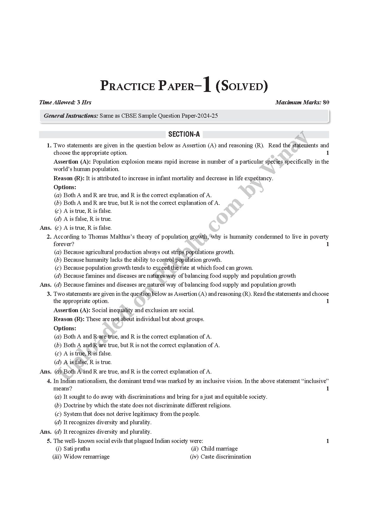 Preview cover for CBSE Class 12 Sociology Sample Question Paper with answers 2025 - Set 1