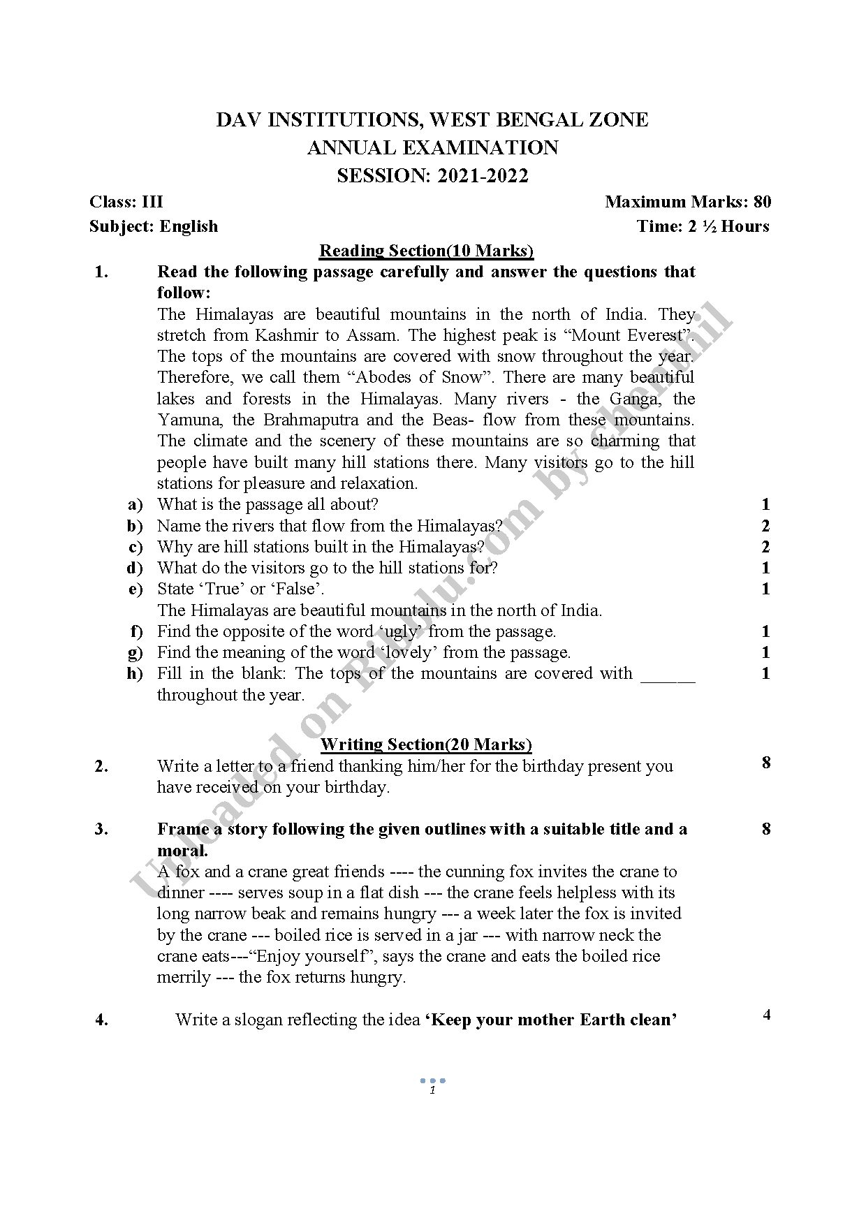 Preview cover for CBSE Class 3 English Question Paper Annual Exam - DAV Institutions Bengal