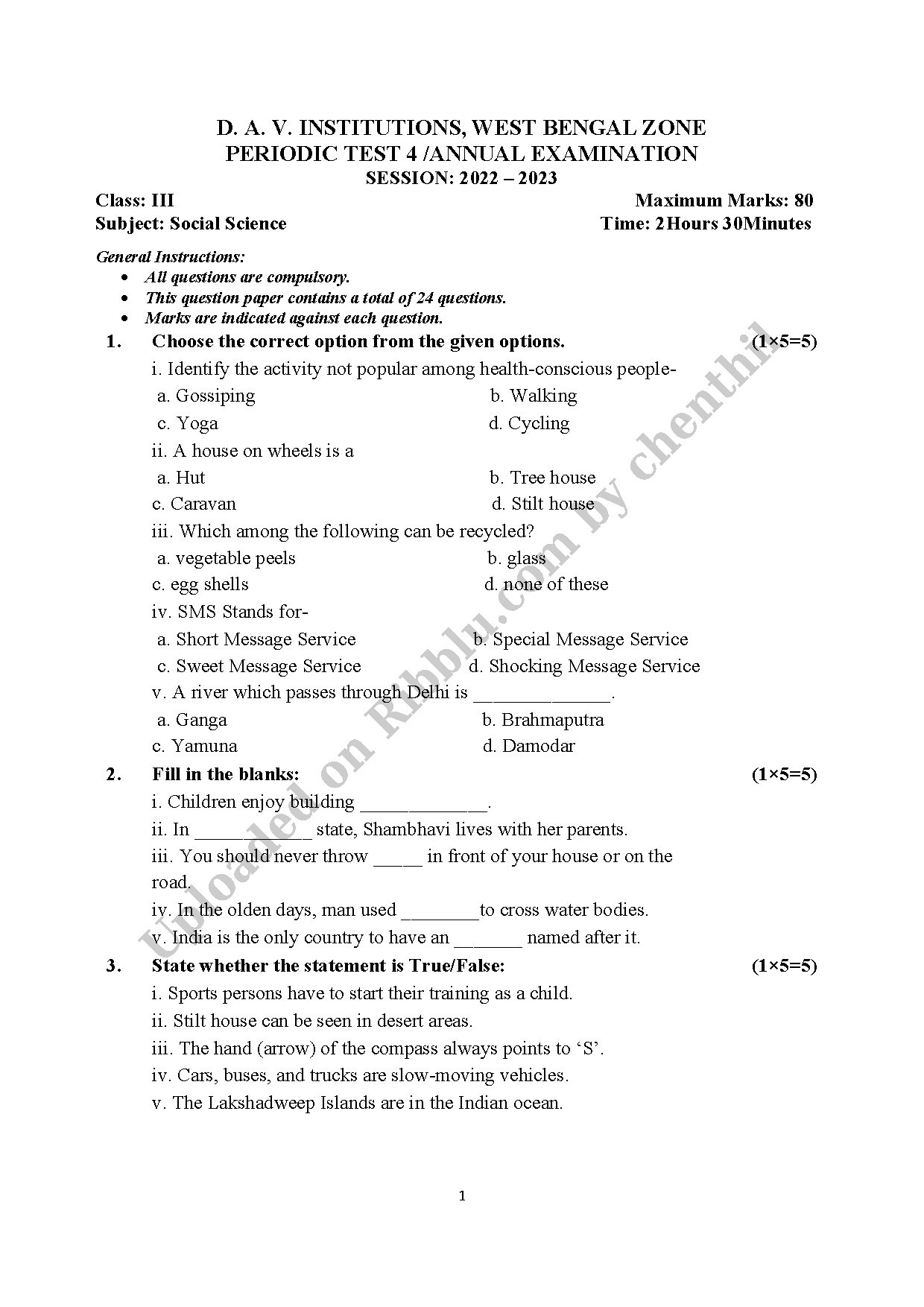 Preview cover for CBSE Class 3 Social Science Periodic Test Paper - DAV Institutions Bengal