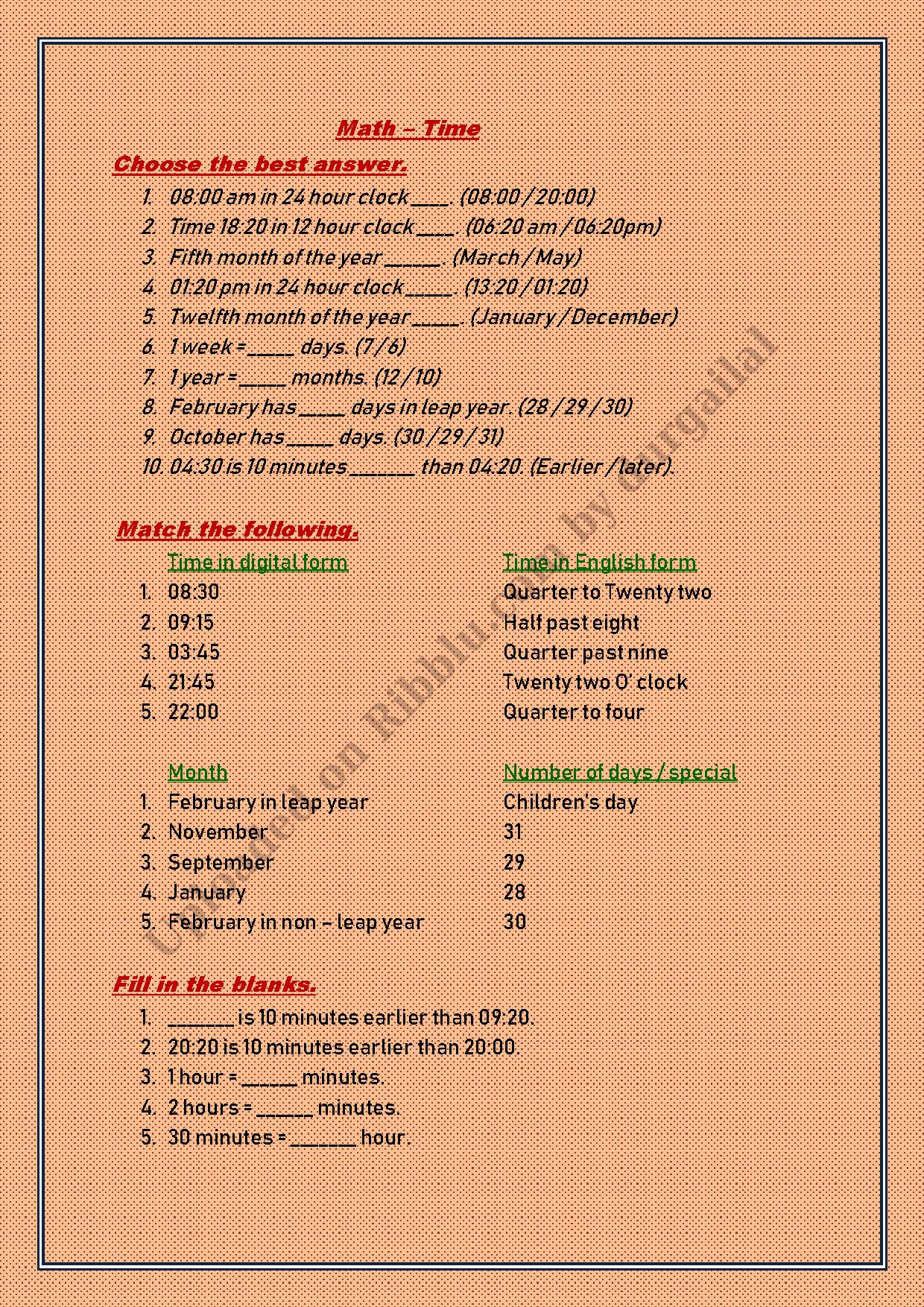 Preview cover for CBSE Class 3 Time Maths Worksheet - 2021