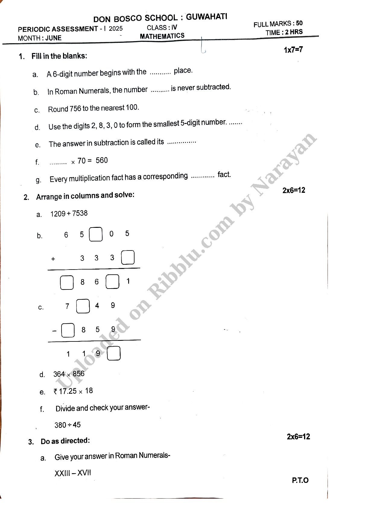 Preview cover for CBSE Class 4 Maths Periodic Test paper 2025 - Don Bosco School Guwahati