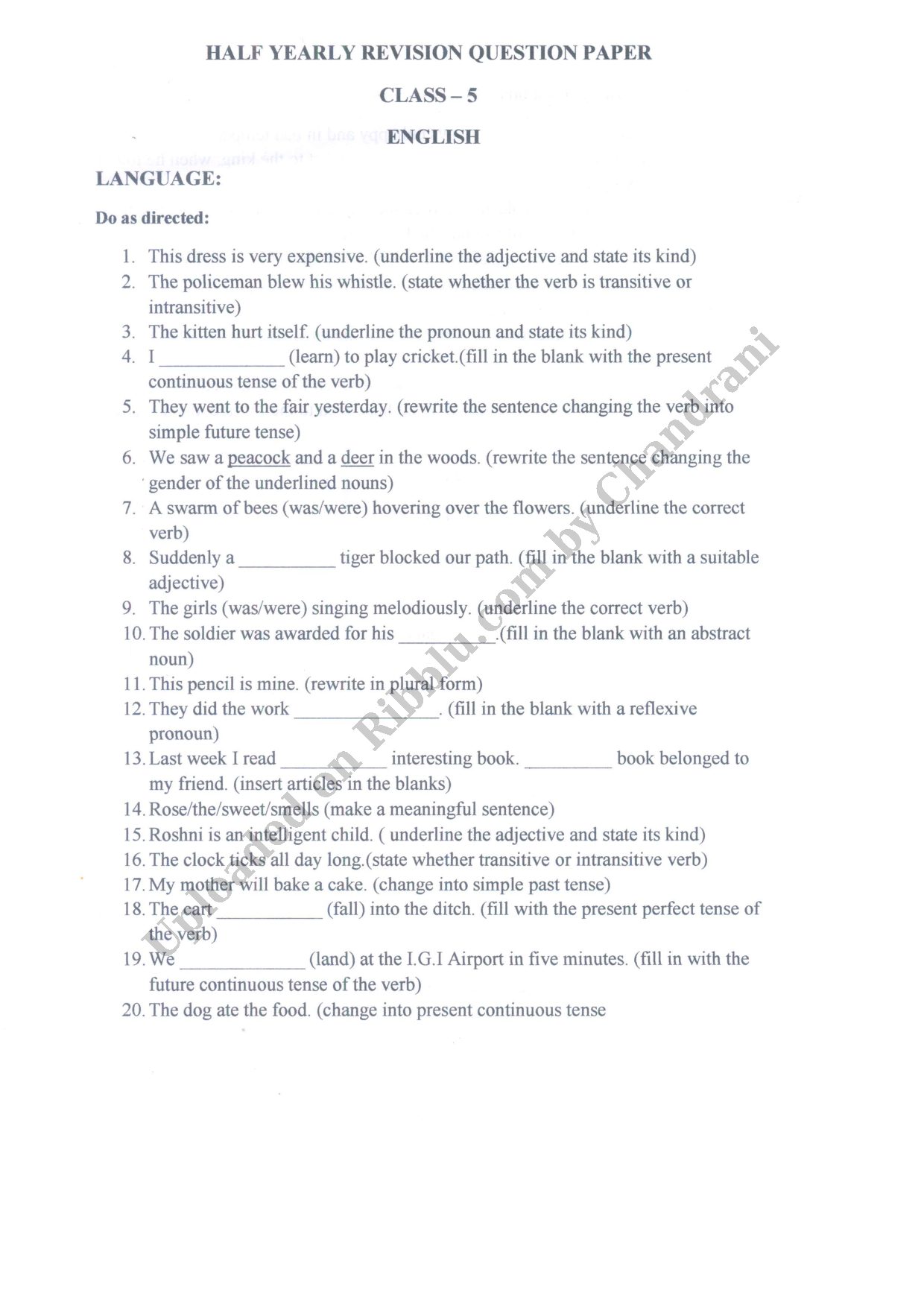Preview cover for CBSE Class 5 English Half Yearly Question Paper