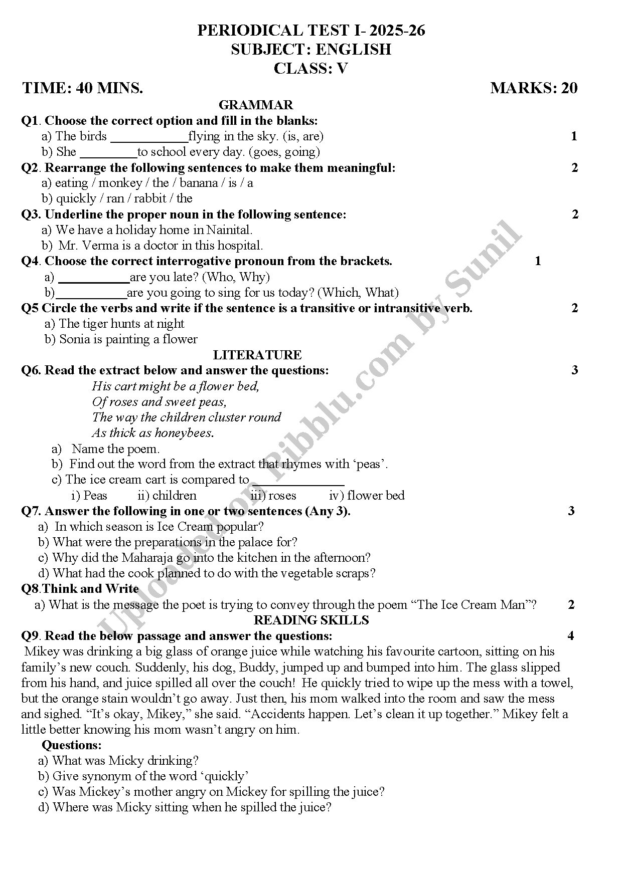 Preview cover for CBSE Class 5 English Periodical Test Paper 2025-26