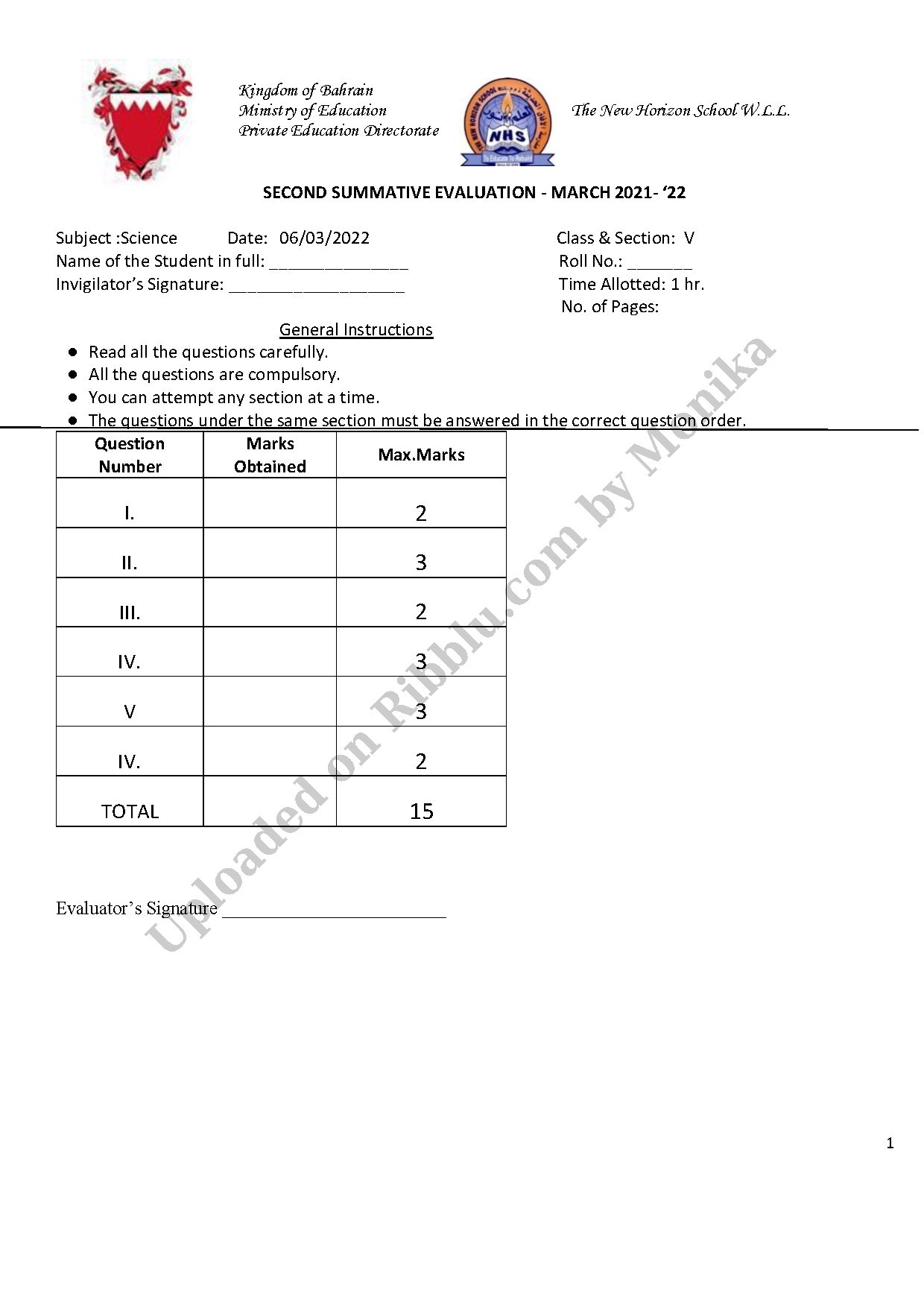 Preview cover for CBSE Class 5 Science Question Paper 2022 - The New Horizon School Bahrain