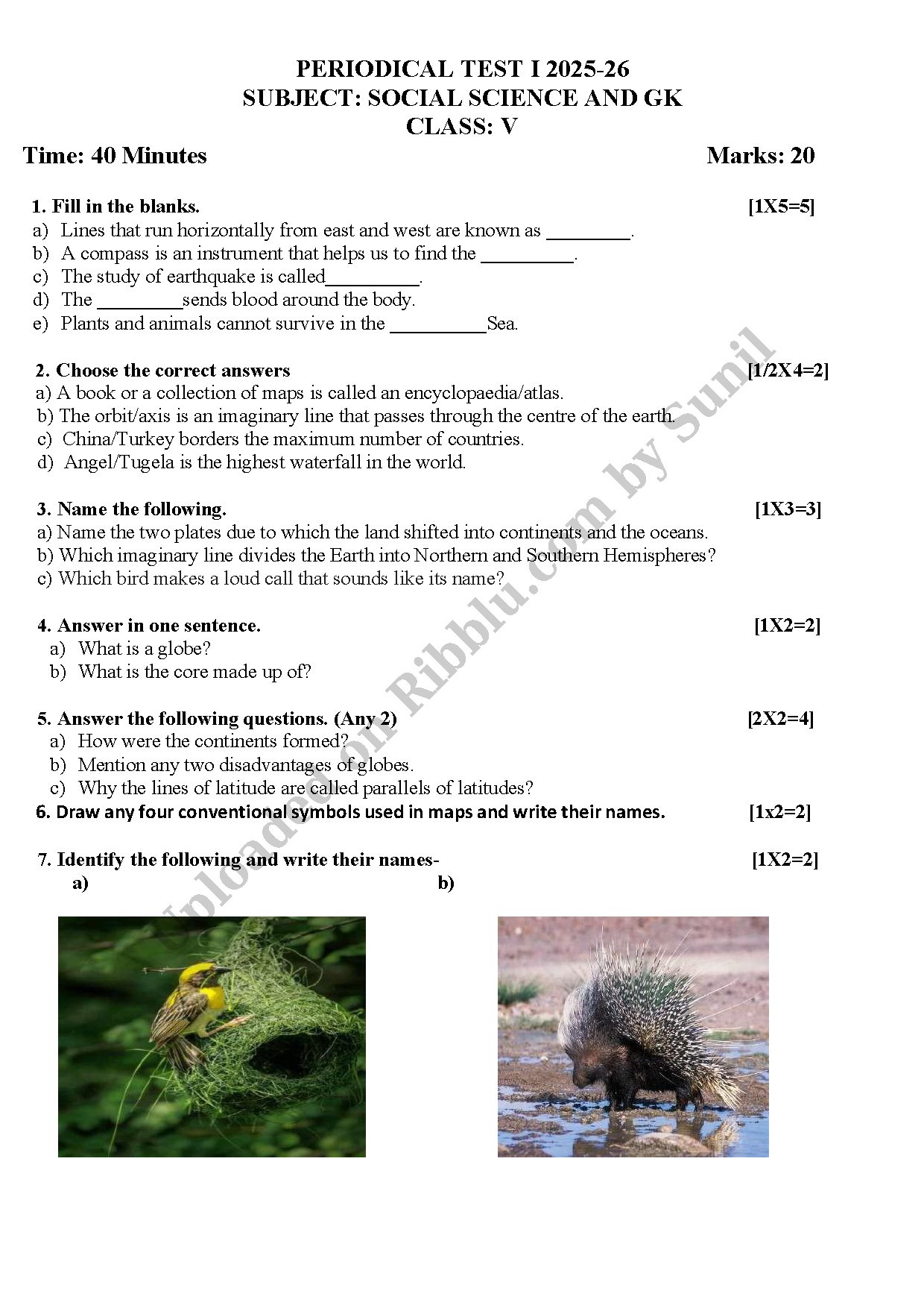 Preview cover for CBSE Class 5 Social Science Periodical Test Paper 2025-26