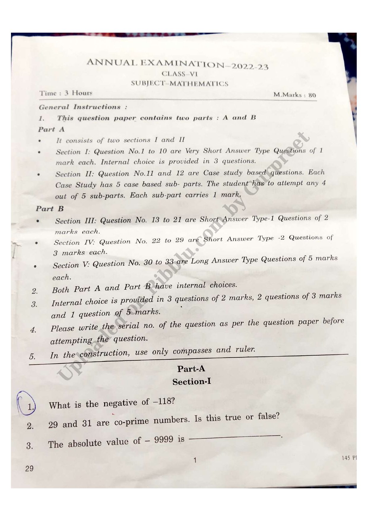 Preview cover for CBSE Class 6 Maths Question Paper Annual Exam 2023