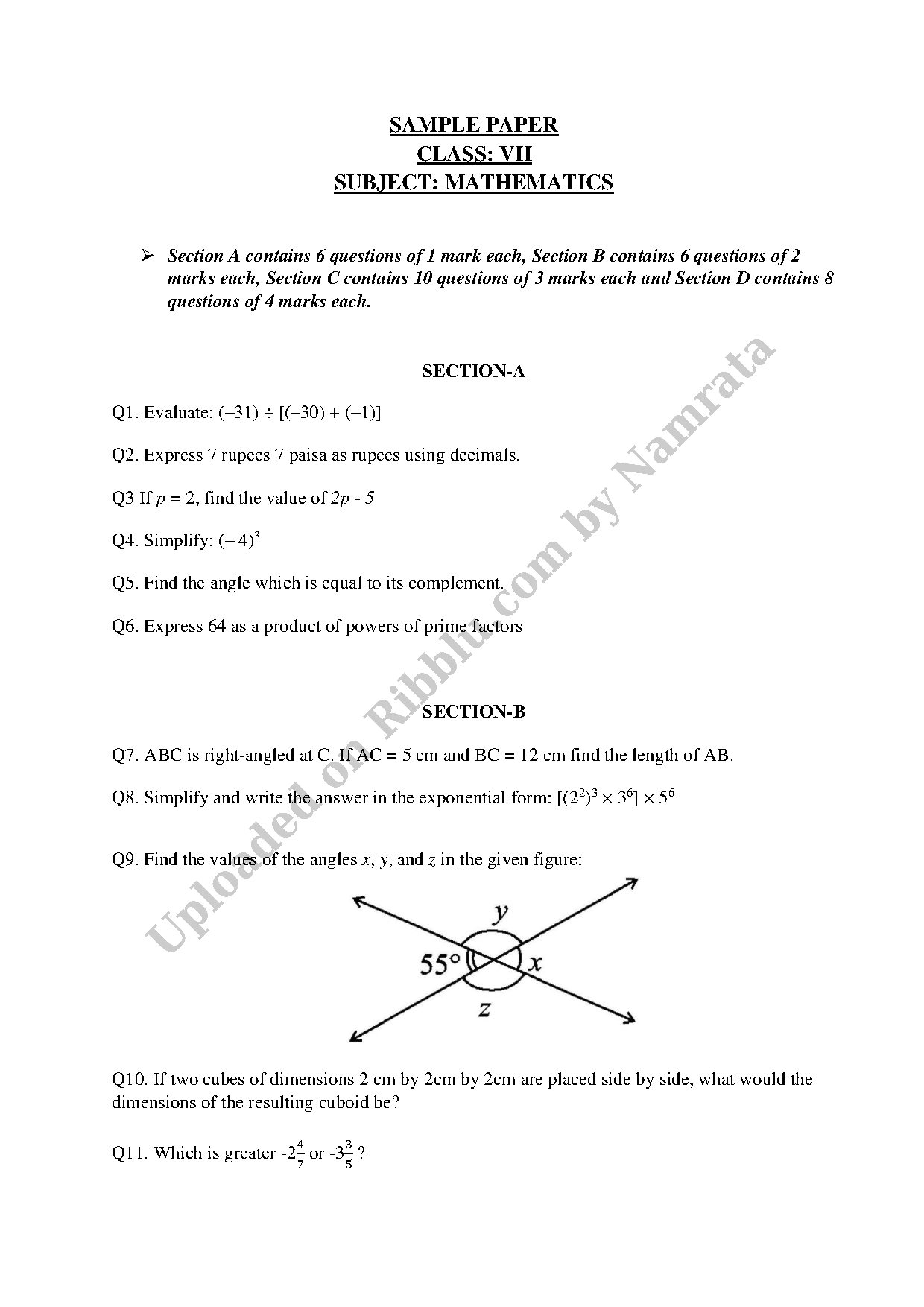 Preview cover for CBSE Class 7 Maths Sample Paper