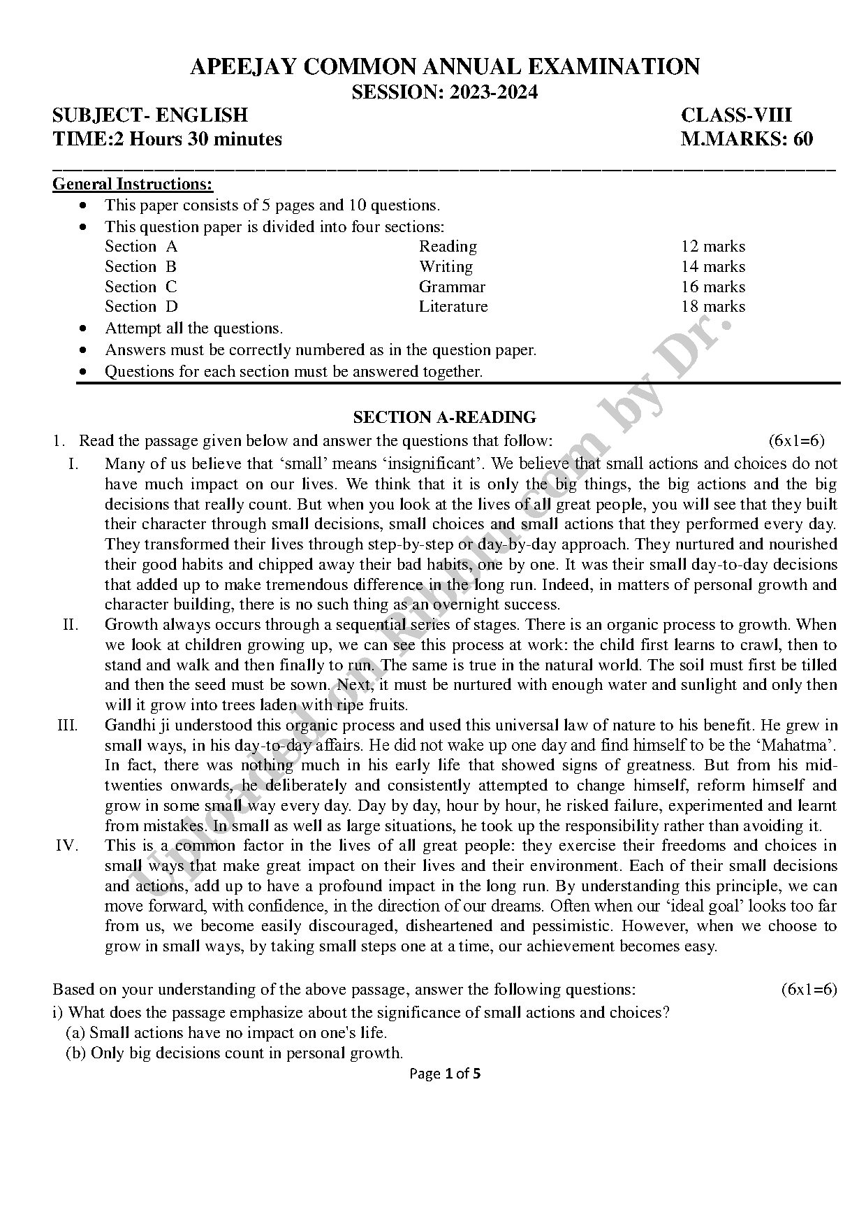 Preview cover for CBSE Class 8 English Question Paper 2024 - Apeejay Common Annual Examination