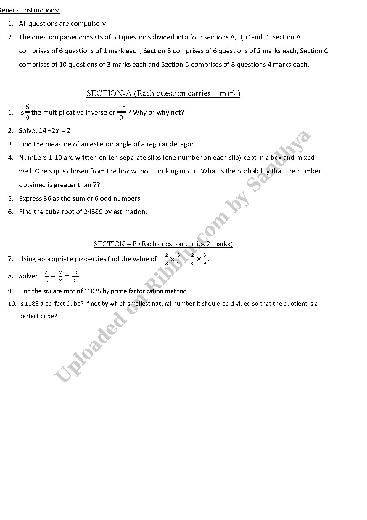 Preview cover for CBSE Class 8 Maths Question Paper - 2022