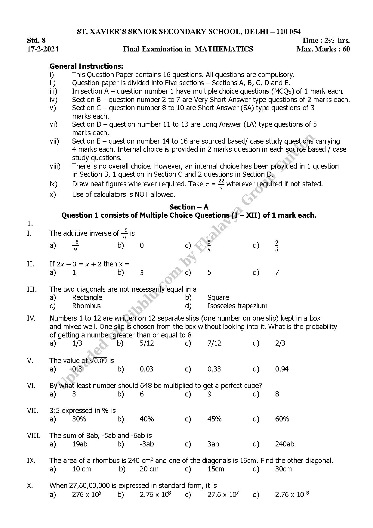Preview cover for CBSE Class 8 Maths Question Paper Final Exam 2025 - St. Xaviers Sr. School Delhi