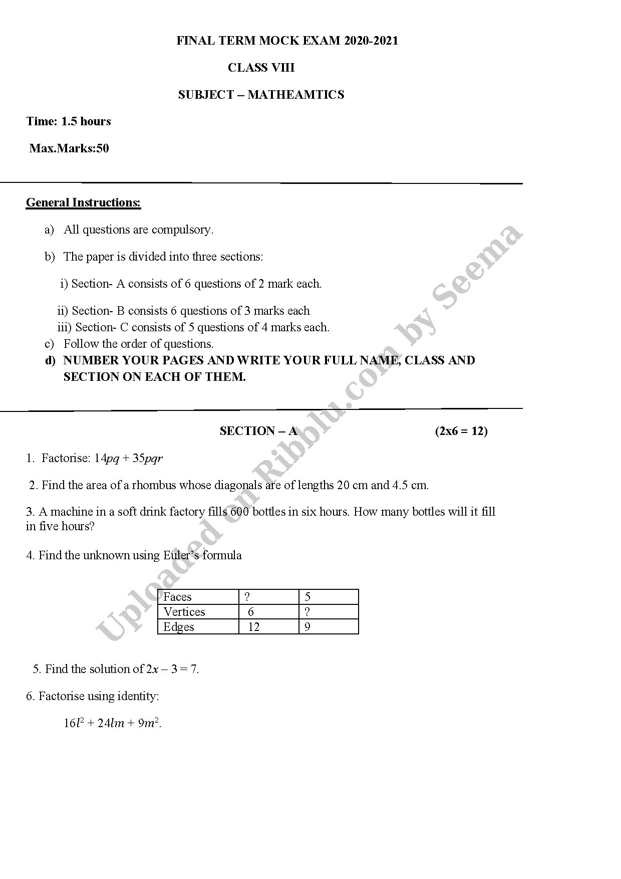 Preview cover for CBSE Class 8 Maths Question Paper Final Term Exam 2021