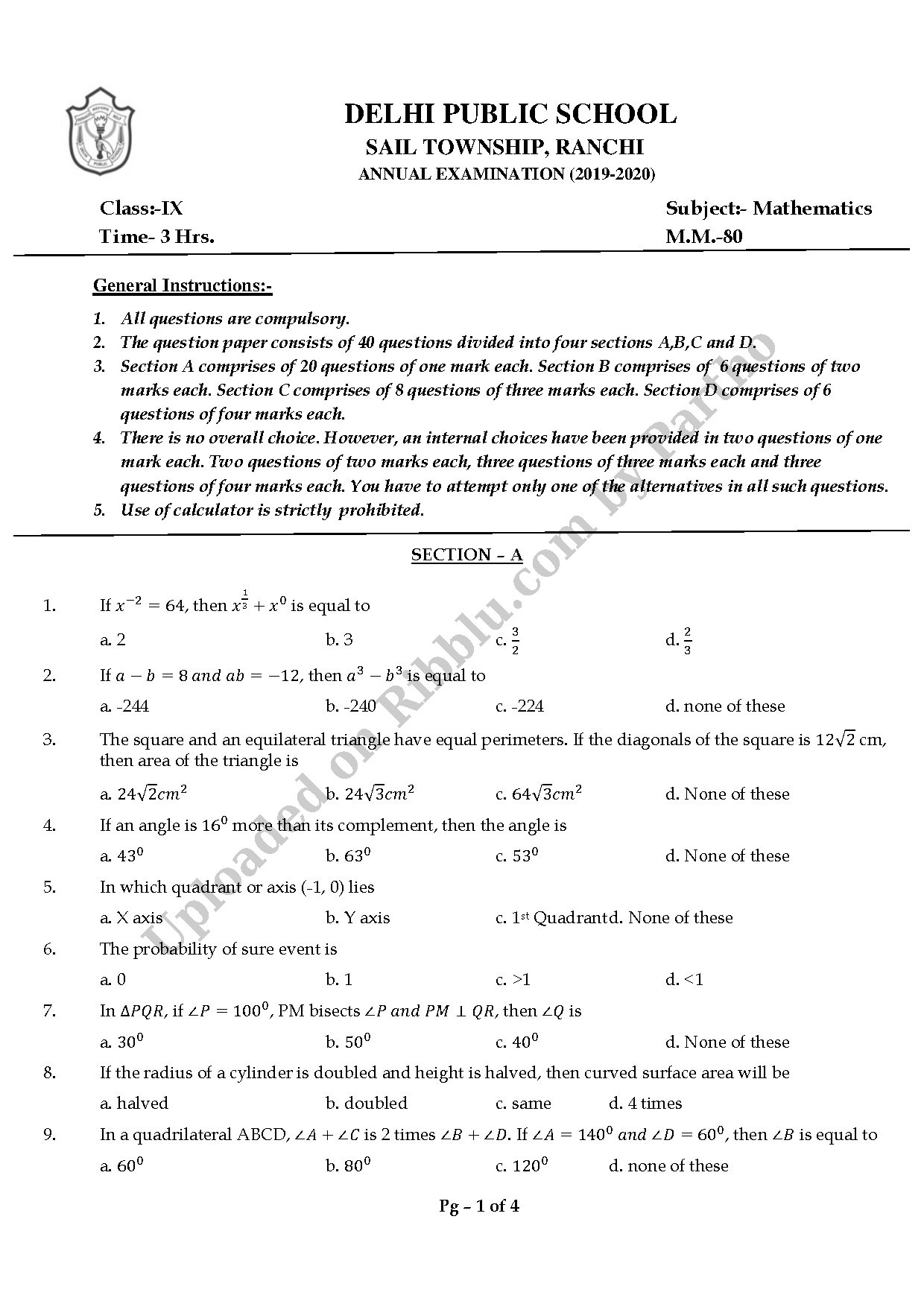 Preview cover for CBSE Class 9 Maths Question Paper Annual Exam 2020 - DPS Ranchi