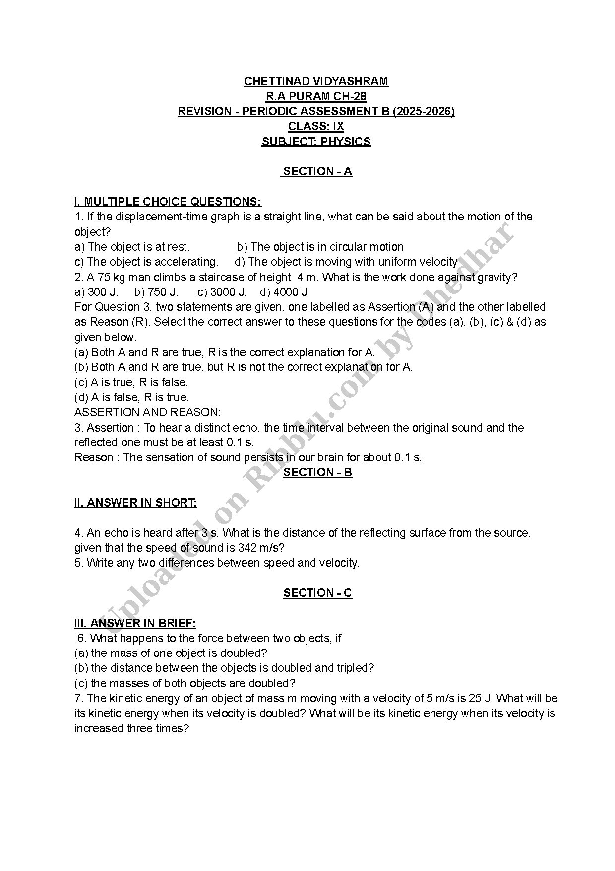 Preview cover for CBSE Class 9 Science Periodic Assessment Revision 2025 - CHETTINAD VIDYASHRAM