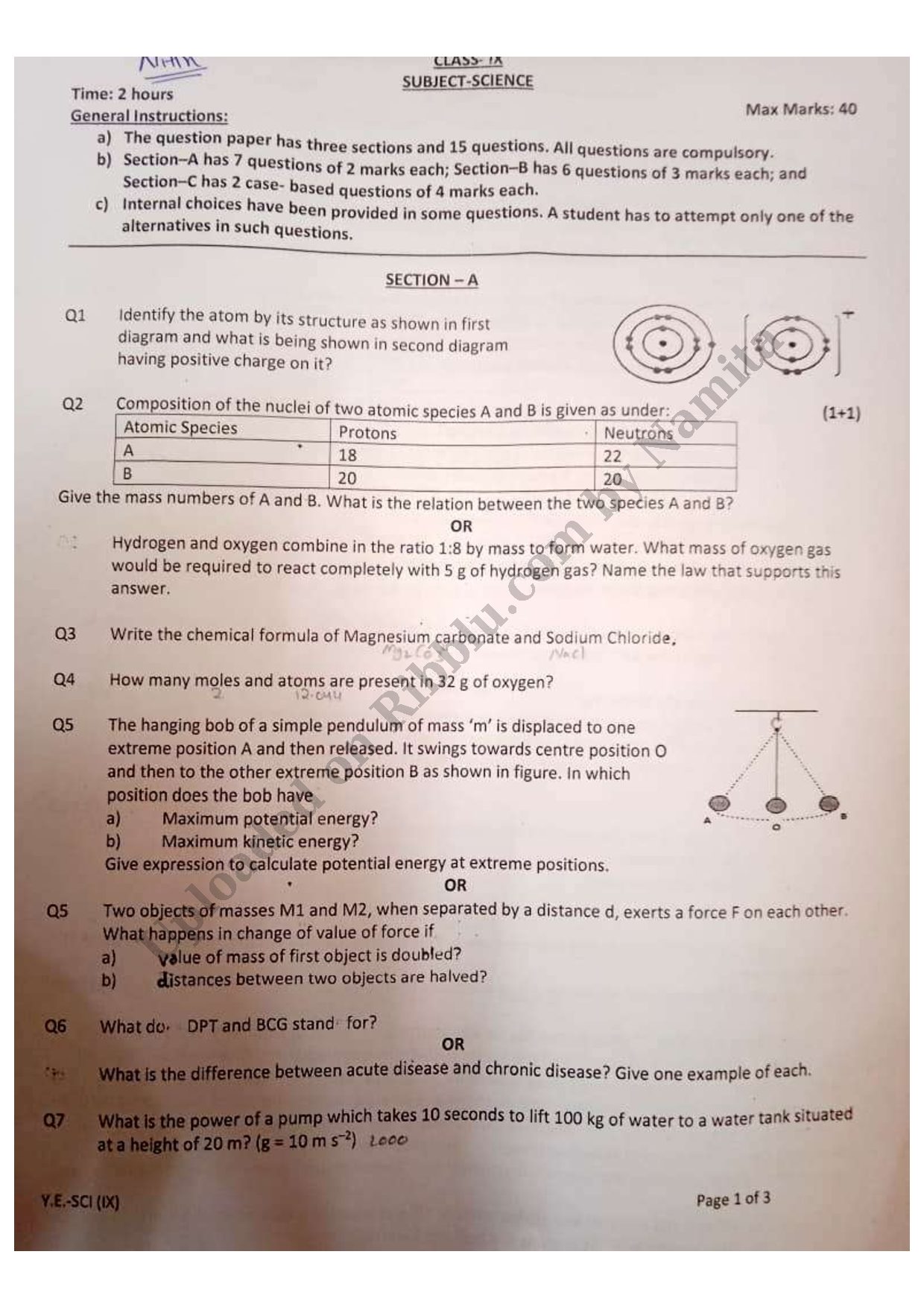 Preview cover for CBSE Class 9 Science Question Paper - 2022