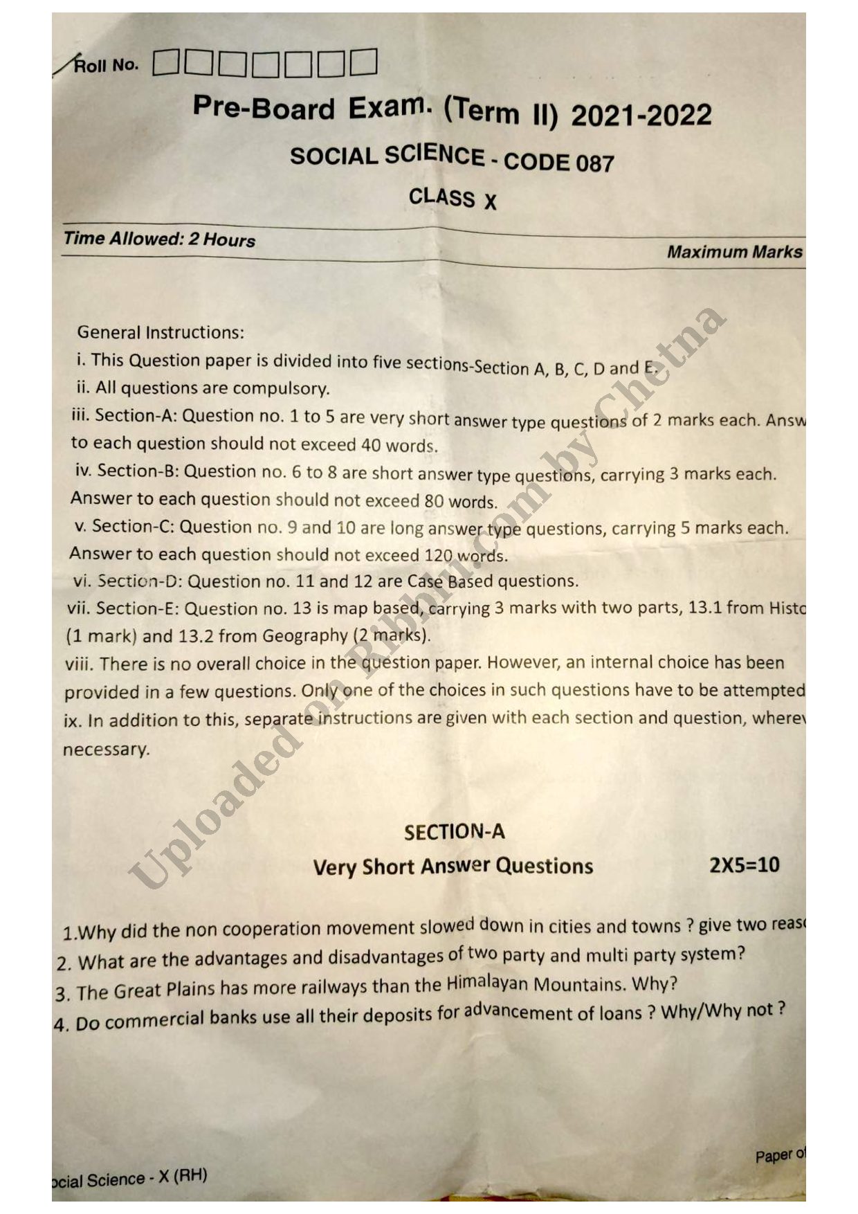 Preview cover for Class 10 Social Science Question Paper Pre Board Exam (2022) - Bal Bharati Public School