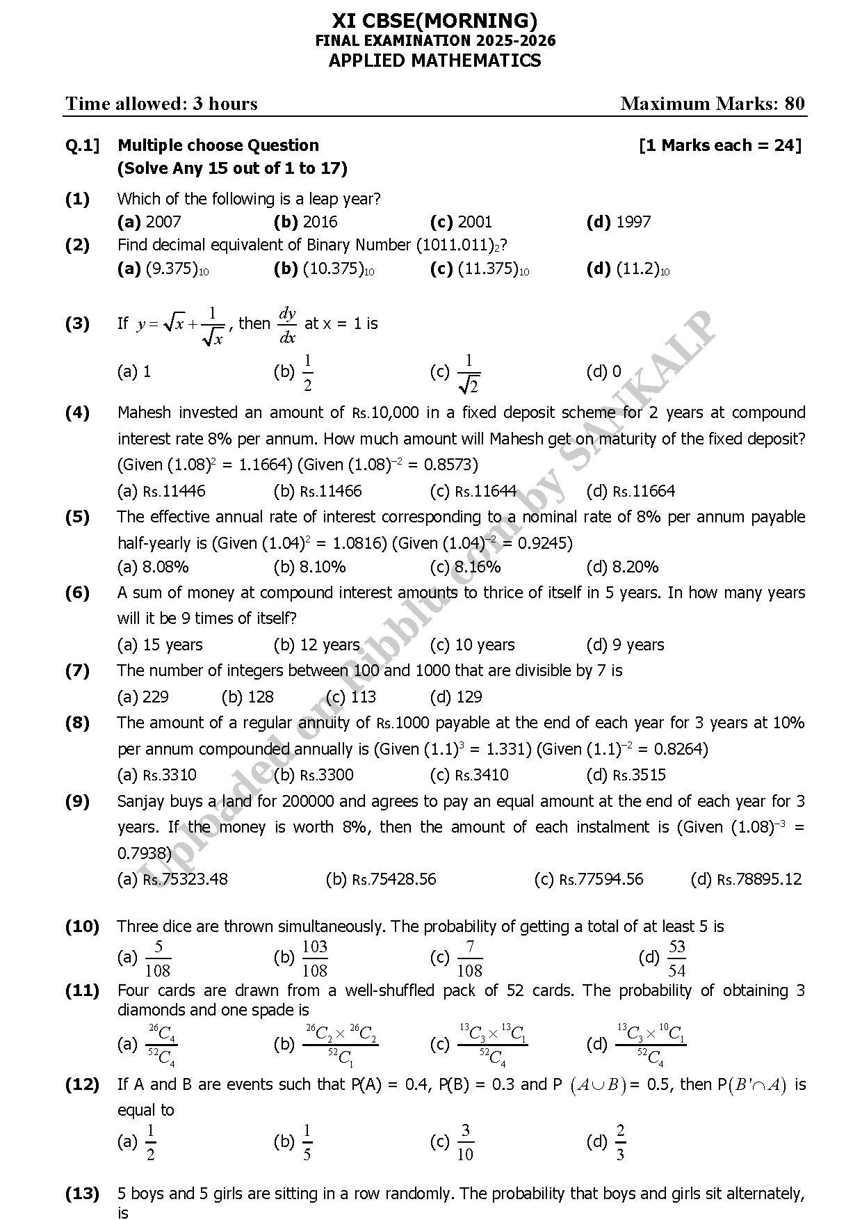Preview cover for Class 11 Applied Mathematics Question Paper Final Exam 2025-26