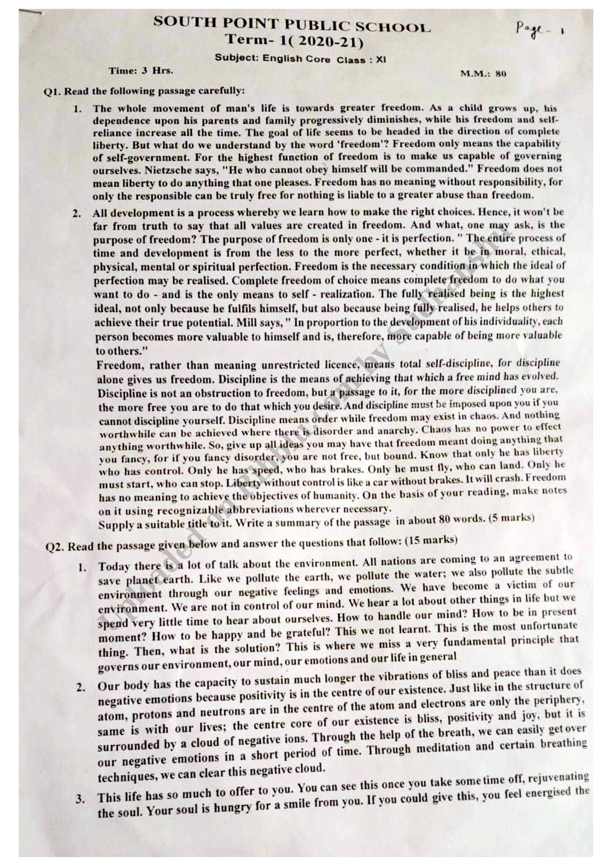Preview cover for Class 11 English Core Question Paper Term 1 - 2020