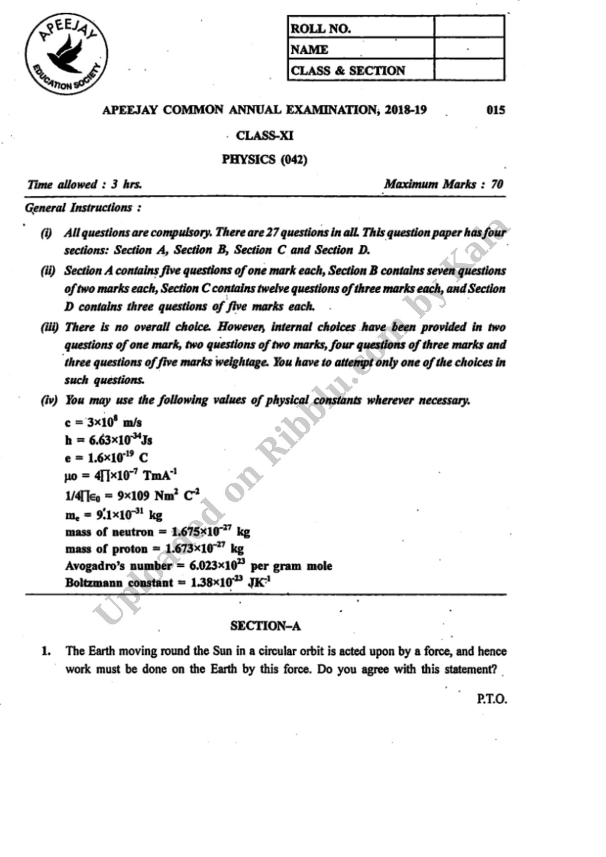 Preview cover for Class 11 Physics Question Paper Annual Exam 2019 - Apeejay