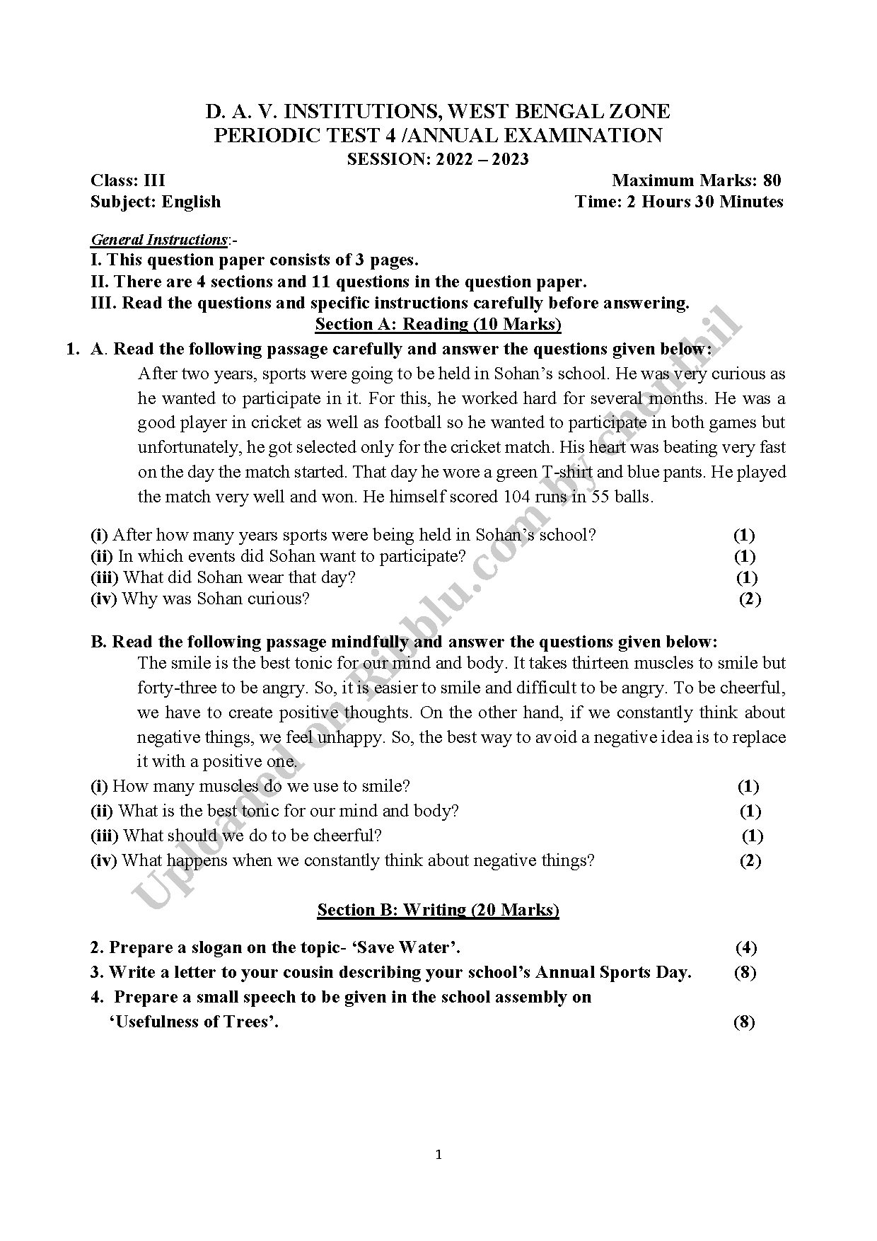 Preview cover for Class 3 English Periodic Test Paper - DAV Institutions Bengal