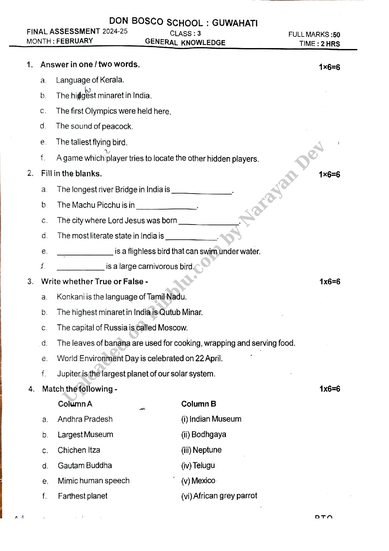 Preview cover for Class 3 G.K Question Paper Final Exam 2025 - Don Bosco School Guwahati