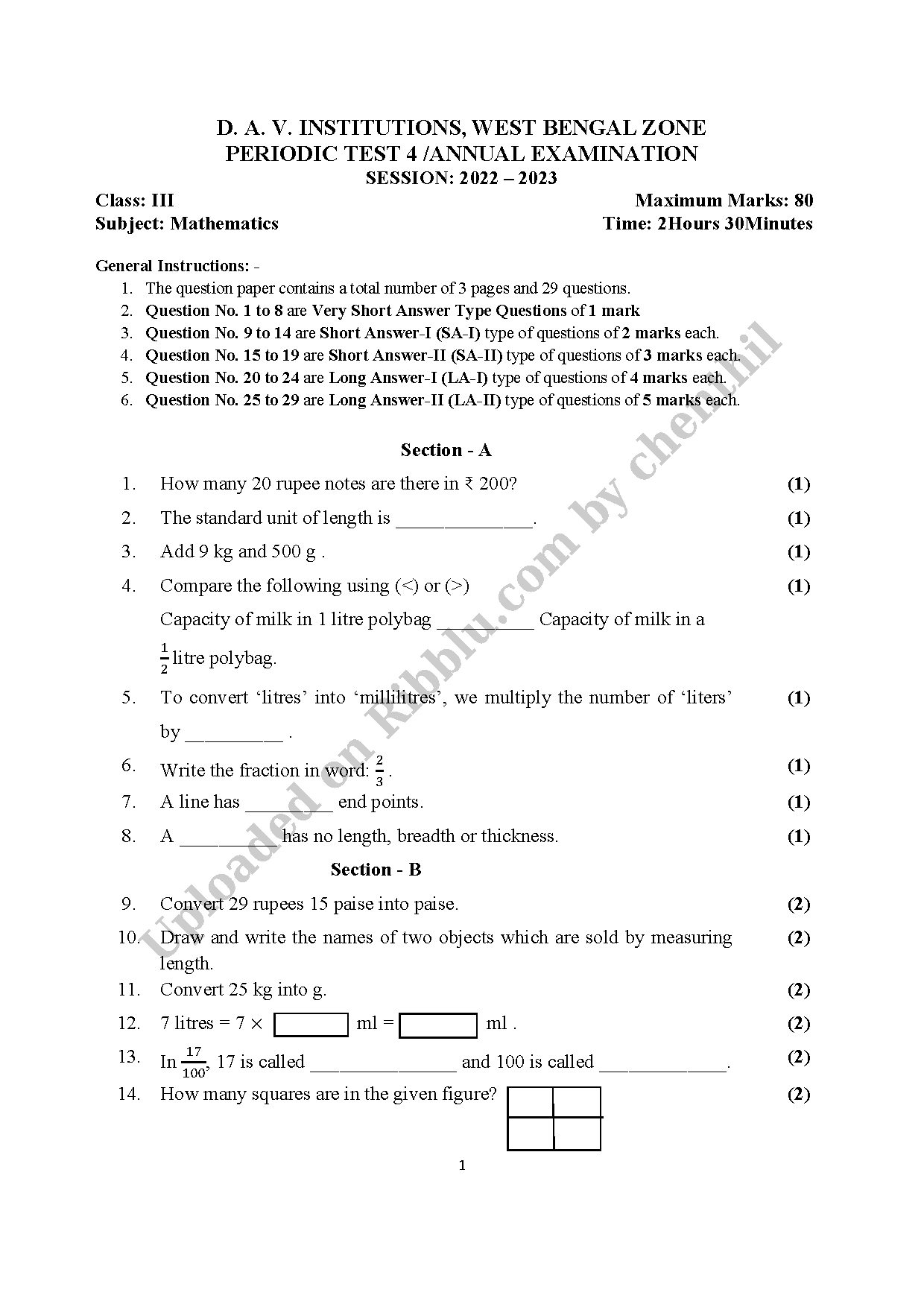 Preview cover for Class 3 Maths Periodic Test Paper - DAV Institutions Bengal
