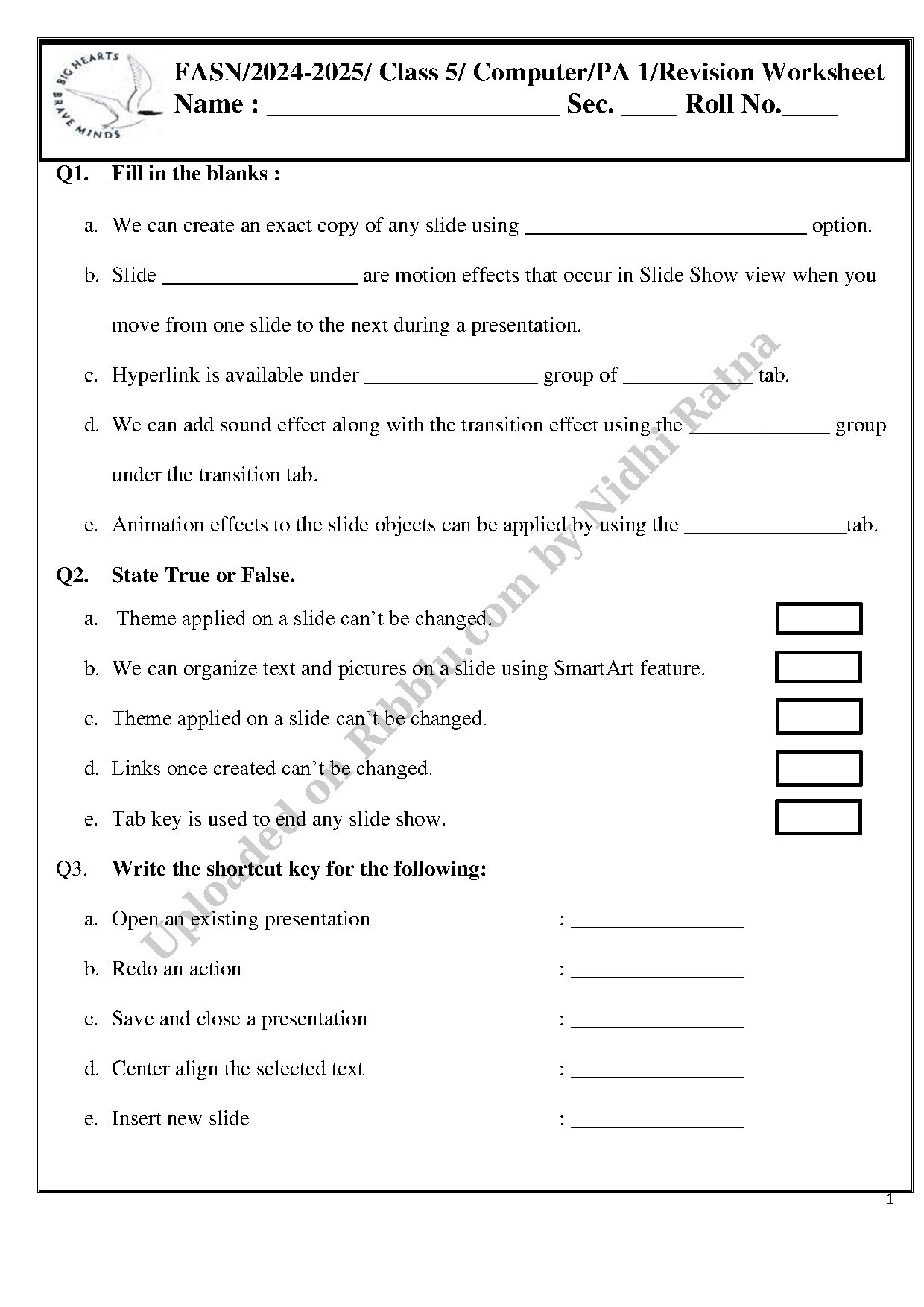 Preview cover for Class 5 Computers Revision Worksheet 2025 - Fr. Agnel School Noida