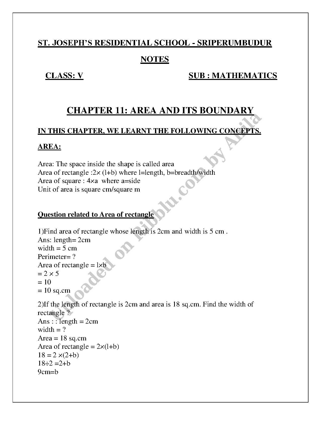 Preview cover for Class 5 Maths Area and Its Boundary Important Questions - St. Joseph's Residential School