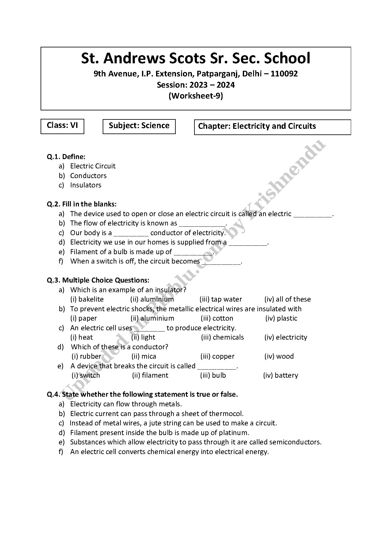 Preview cover for Class 6 Chapter 6 Science Worksheet - St. Andrews Scots Sr. Sec. School
