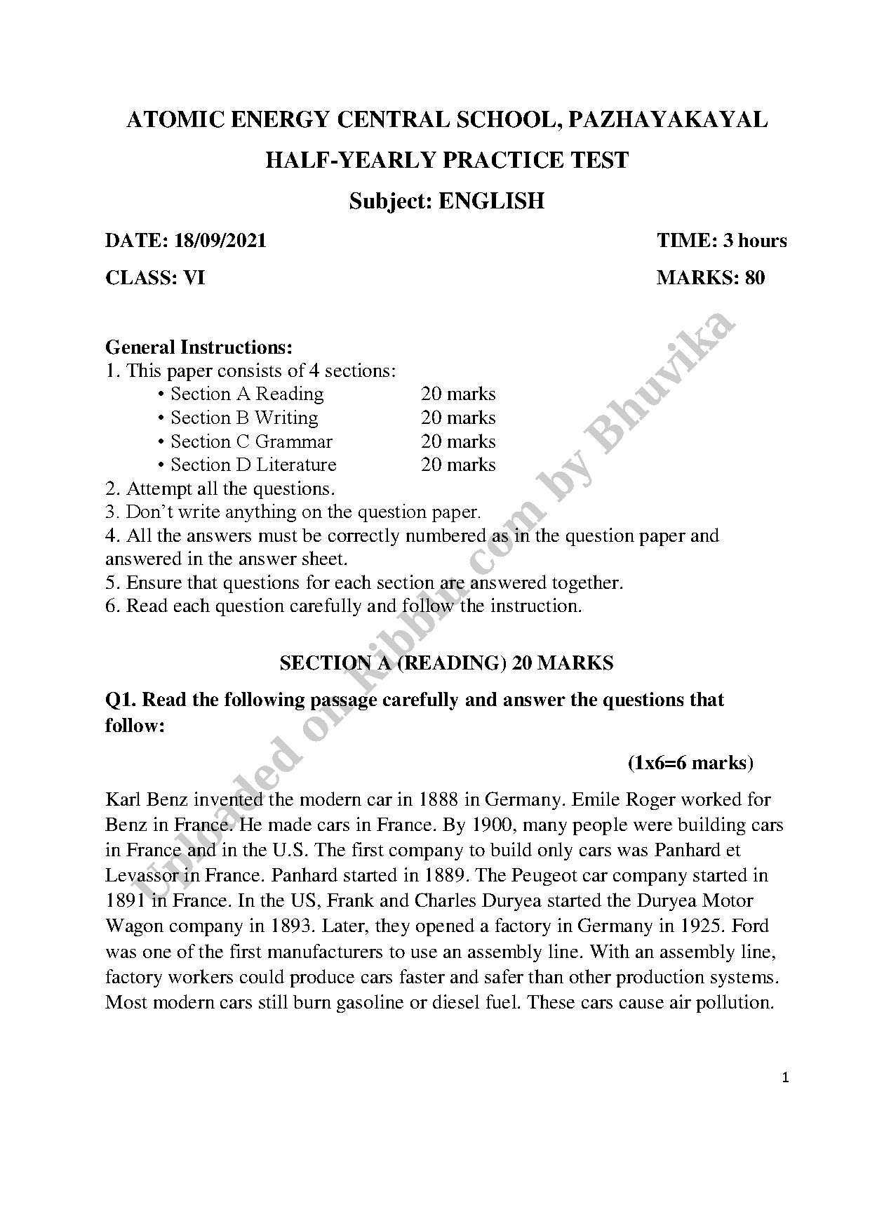 Preview cover for Class 6 English Half Yearly Question Paper 2021 - Atomic Energy Central School