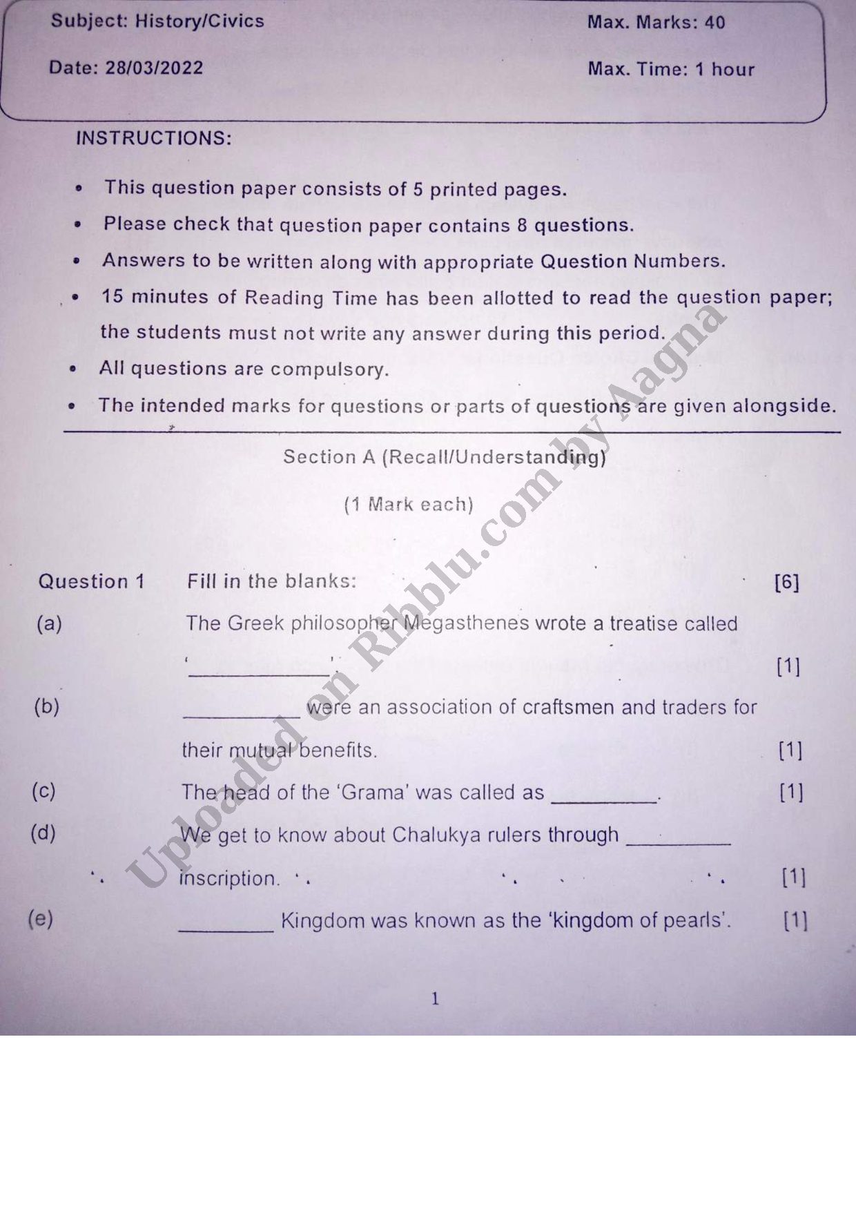 Preview cover for Class 6 History and Civics Question Paper 2022 - Vibgyor School
