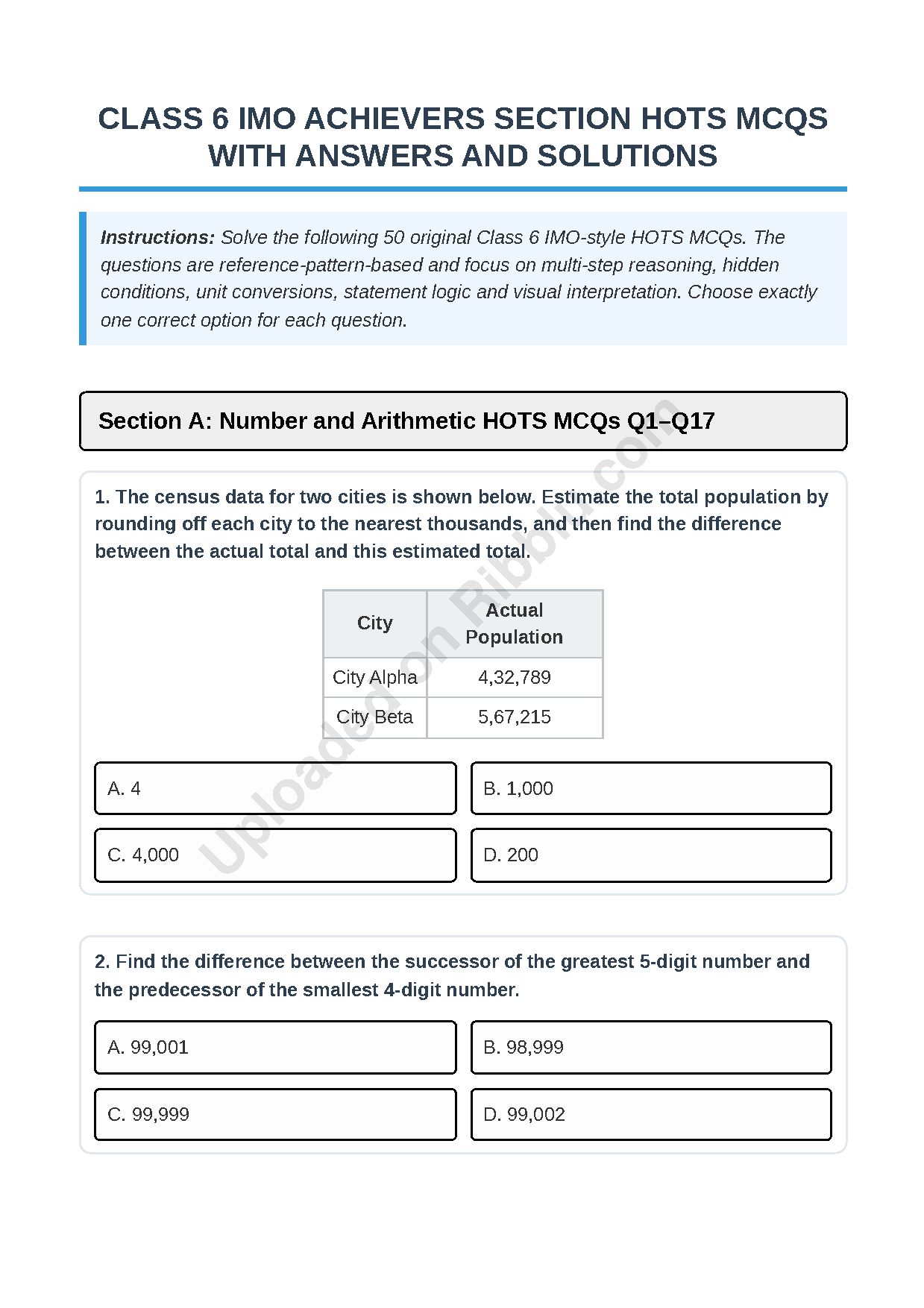 Preview cover for Class 6 IMO Achievers Section HOTS MCQs with Answers and Solutions