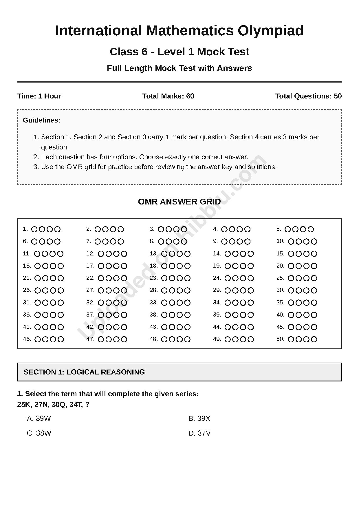 Preview cover for Class 6 IMO Full Length Mock Test with Answers and Solutions