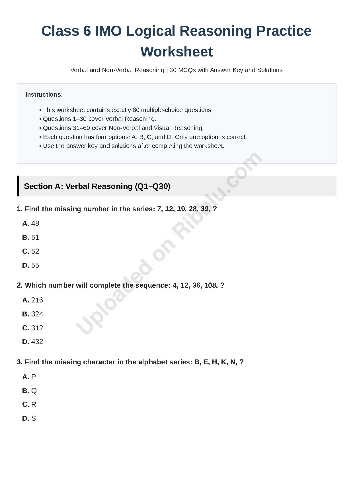 Preview cover for Class 6 IMO Logical Reasoning Worksheet with Answers and Solutions