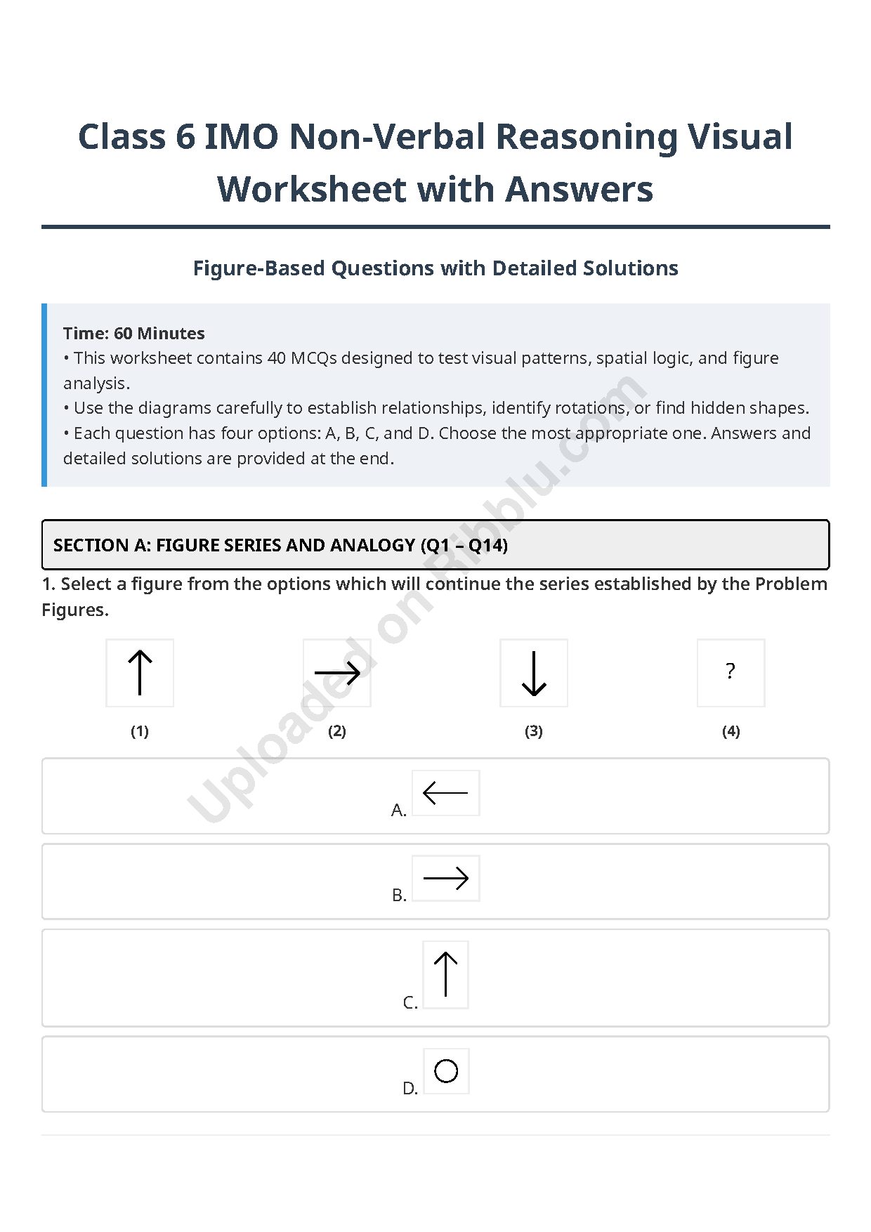 Preview cover for Class 6 IMO Non-Verbal Reasoning Visual Worksheet with Answers and Solutions