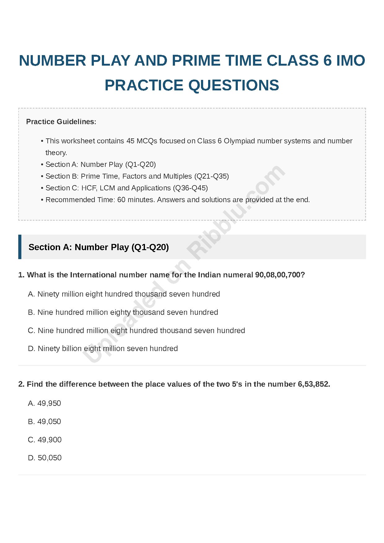 Preview cover for Class 6 IMO Number Play and Prime Time Questions with Answers and Solutions