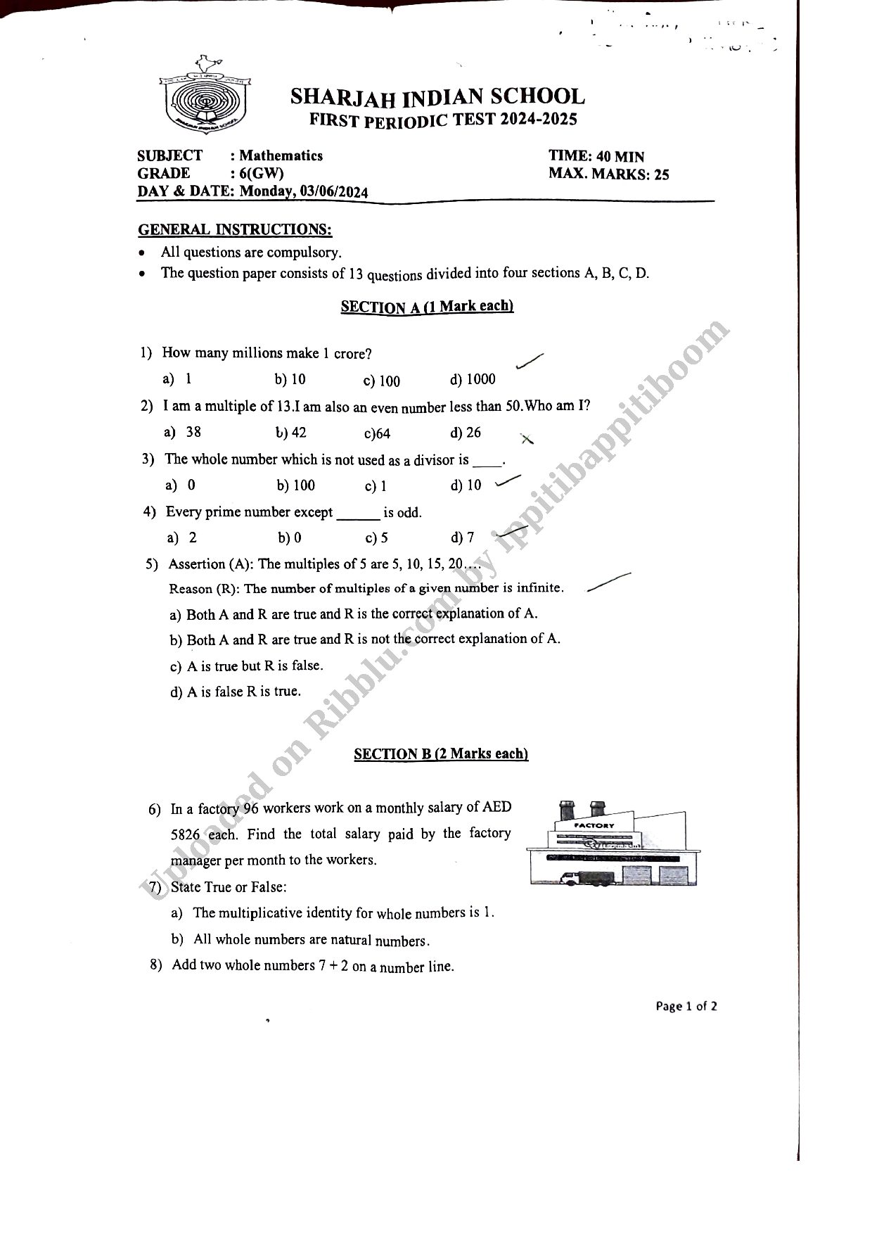 Preview cover for Class 6 Maths Periodic Test Paper 2024 - Sharjah Indian School